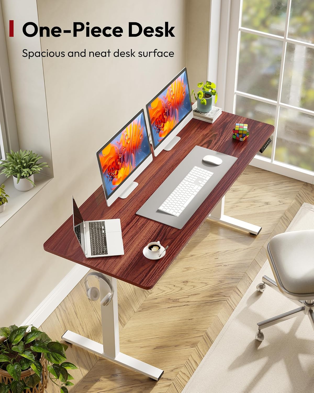 SANODESK Electric Standing Desk 60 x 24 Inches Whole-Piece Desktop Height Adjustable Stand Up Desk w/6-Button Controller Ergonomic Computer Desk for Home Office, White Frame + Mahogany Tabletop