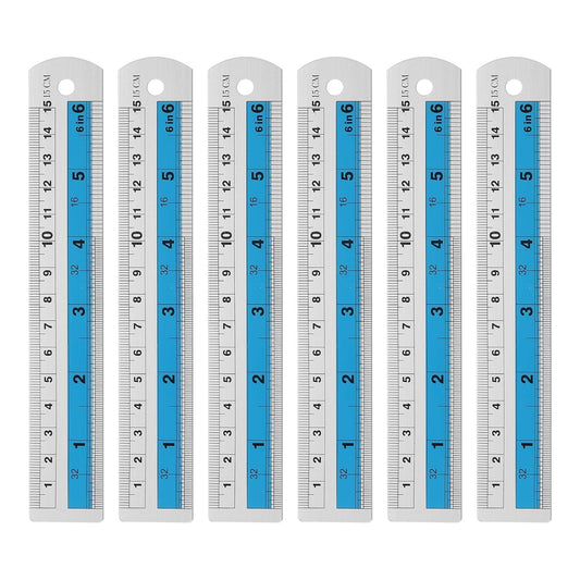 HARFINGTON 6pcs Metal Straight Ruler 15cm Metric SAE Aluminum Alloy Measuring Rulers Scale Tools with Hole for Measure Study Reading Classroom Office, Blue