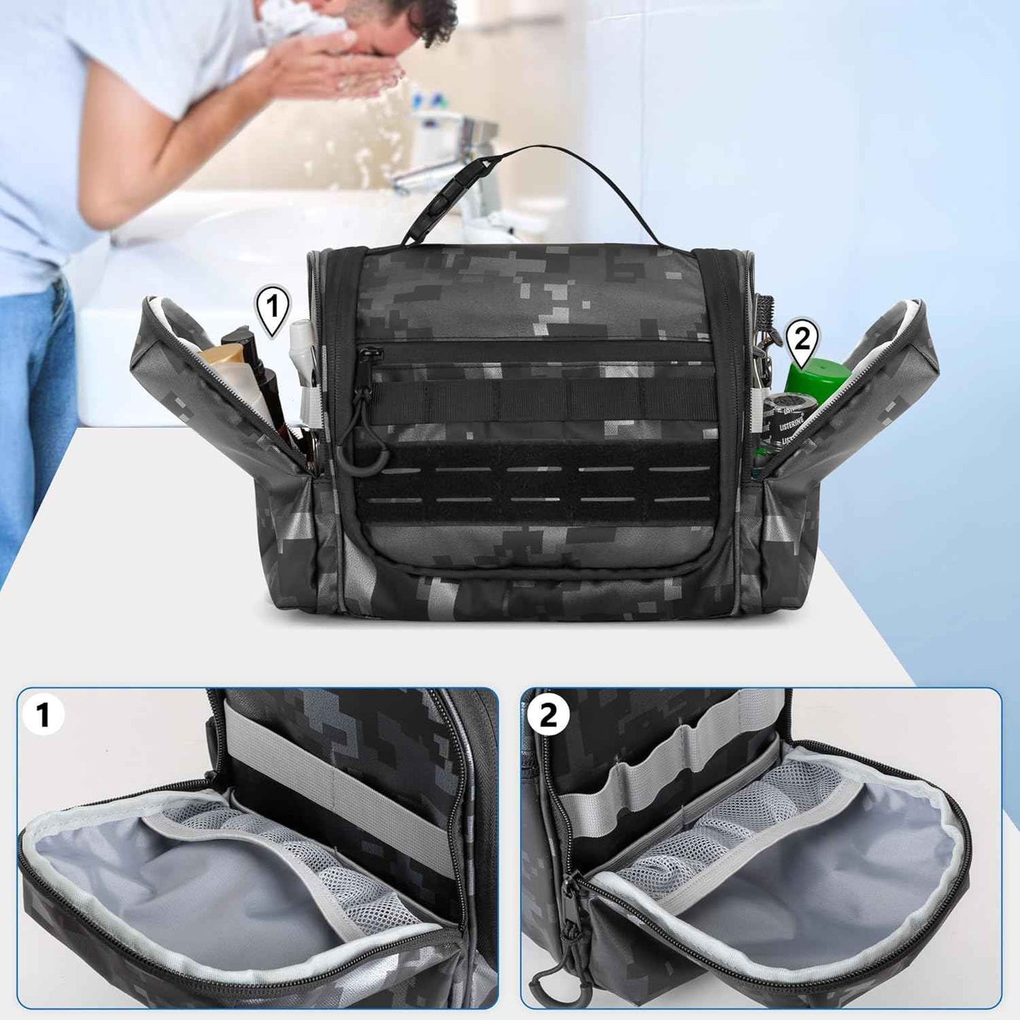 Hanging Toiletry Bag for Men, Tactical Dopp Kit Toiletry Travel Bag, Large Hygiene Organizer Shower Bag for Camping Outdoor, Black Digital