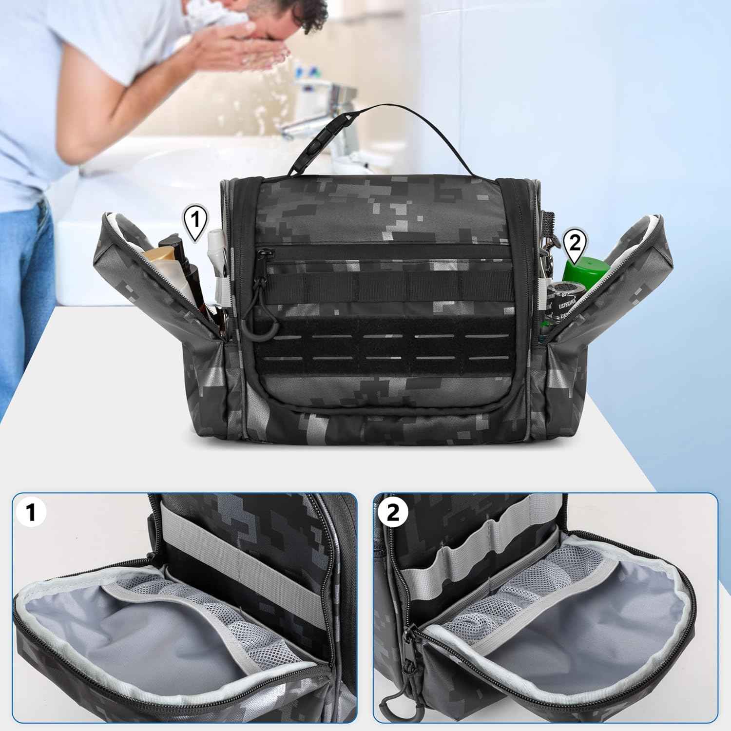 Hanging Toiletry Bag for Men, Tactical Dopp Kit Toiletry Travel Bag, Large Hygiene Organizer Shower Bag for Camping Outdoor, Black Digital