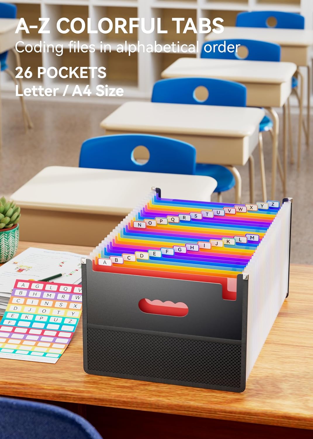 Accordion File Organizer, 26 Pockets File Folders, Upright & Open Top, A-Z Colorful Tabs, Larger Capacity Expanding File Folder, Letter/A4 Size for School, Home and Office - Black