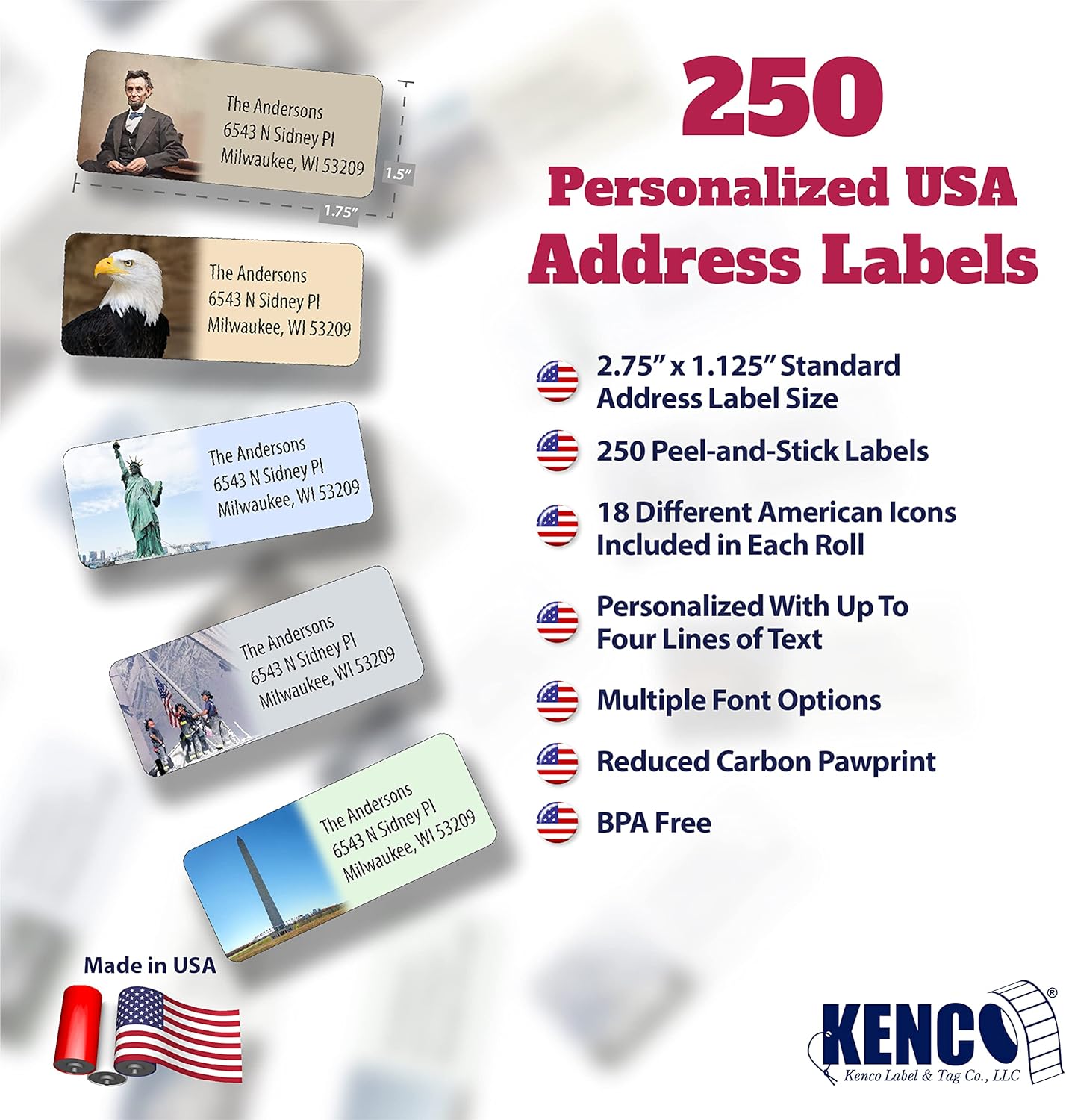 Customized Personalized Address Labels - Made in The USA by Kenco (250 Labels, All American) - Lumora Desk