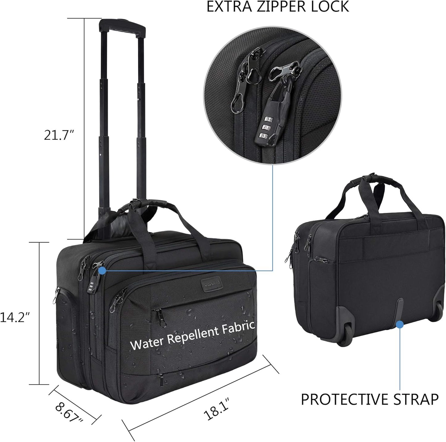 KROSER Rolling Laptop Bag for Men Women, Rolling Laptop Wheeled Briefcase for Business Fits Up to 17.3 Inch Laptop, Water-Repellent Wheeled Computer Bag Roller Case with RFID Pockets for Travel