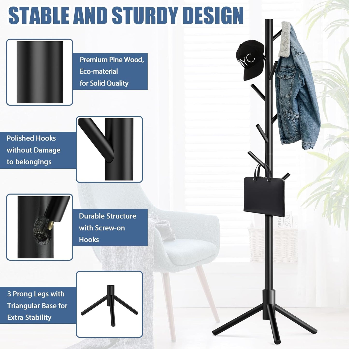 Haddockway Wooden Coat Rack Stand with 8 Hooks New Zealand Pine 3 Adjustable Coat Standing Tree Easy Assembly for Coats, Hats, Scarves and Handbags for Entryway, Hallway, Bedroom, Office,2 PCS - Lumora Desk