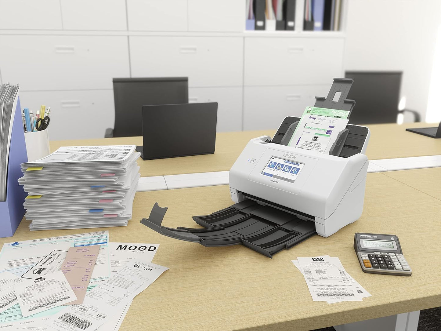 Epson RapidReceipt RR-600W Wireless Desktop Color Duplex Receipt and Document Scanner with Receipt Management Software, Touchscreen and Auto Document Feeder. Full 1-Year Limited Warranty (Renewed)