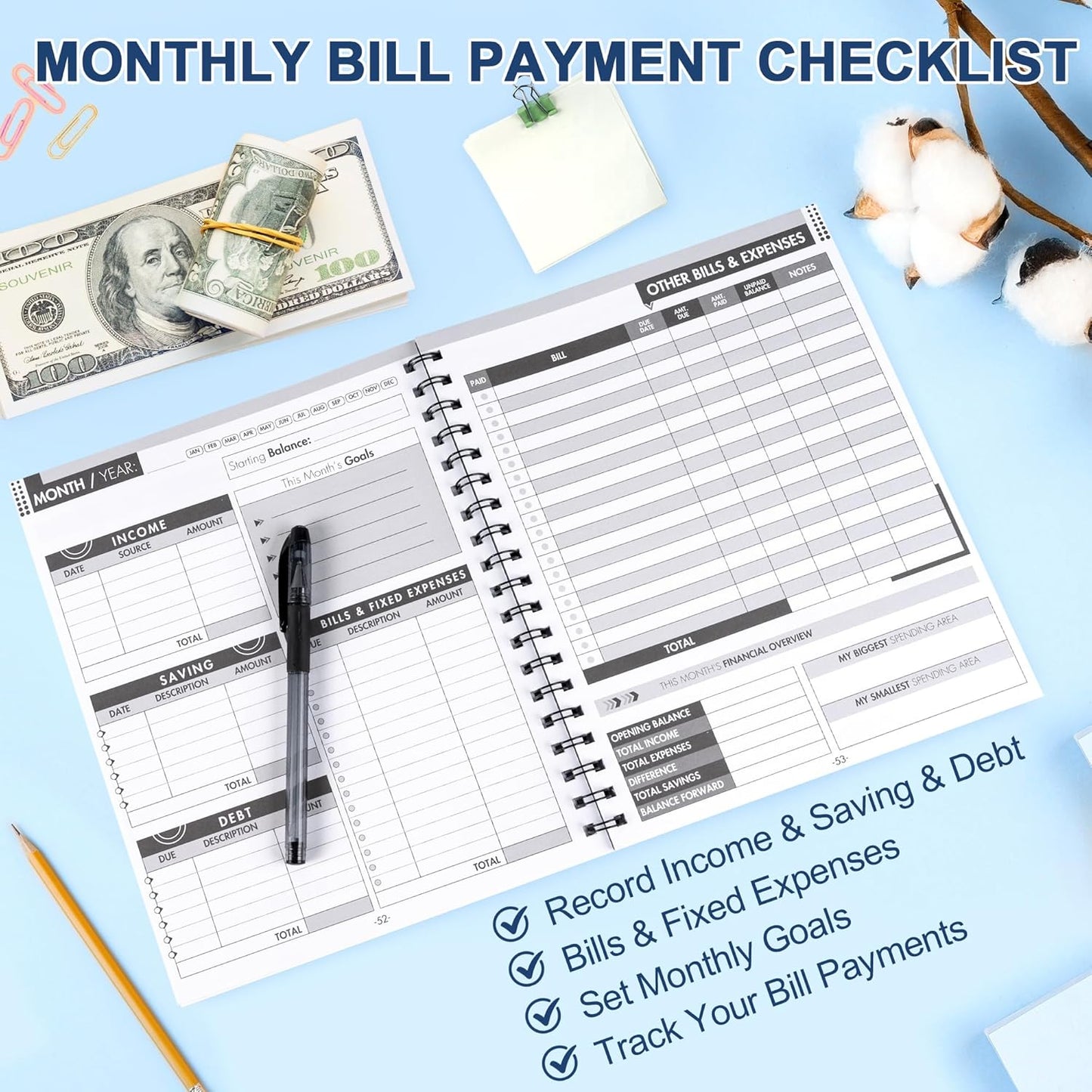 Monthly Bill Payment Checklist: Bill Tracker Notebook With Spiral Binding 8"x10" The 4-Year Guide for Families & Money Managers, 960 Billing Records Included (Blue)
