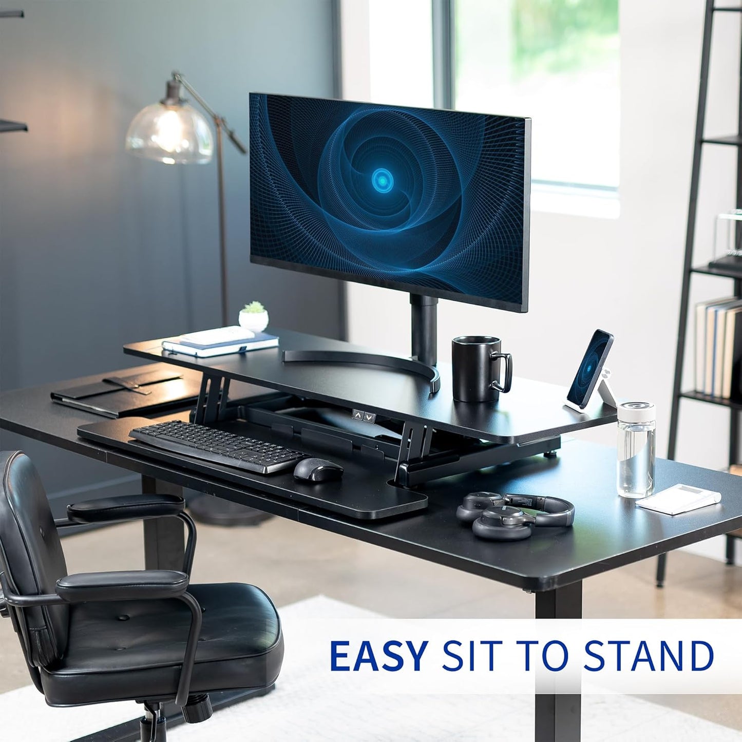 VIVO 47 inch Electric Motor Desk Converter, Height Adjustable Riser, Sit to Stand Dual Monitor and Laptop Workstation with Wide Keyboard Tray, Black, DESK-VE48B