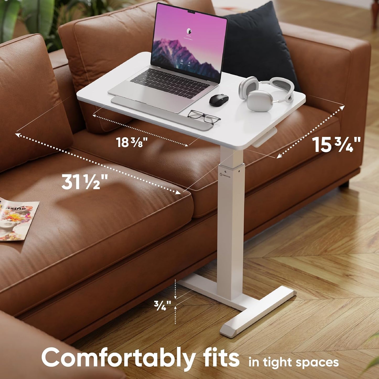 ONKRON Laptop Cart on Wheels, max Load up to 17.6 lbs, Small Rolling Table with Hidden Wheels, Mobile Standing Desk Adjustable Height, 90° Tilting Portable Workstation, Overbed Bedside Desk White