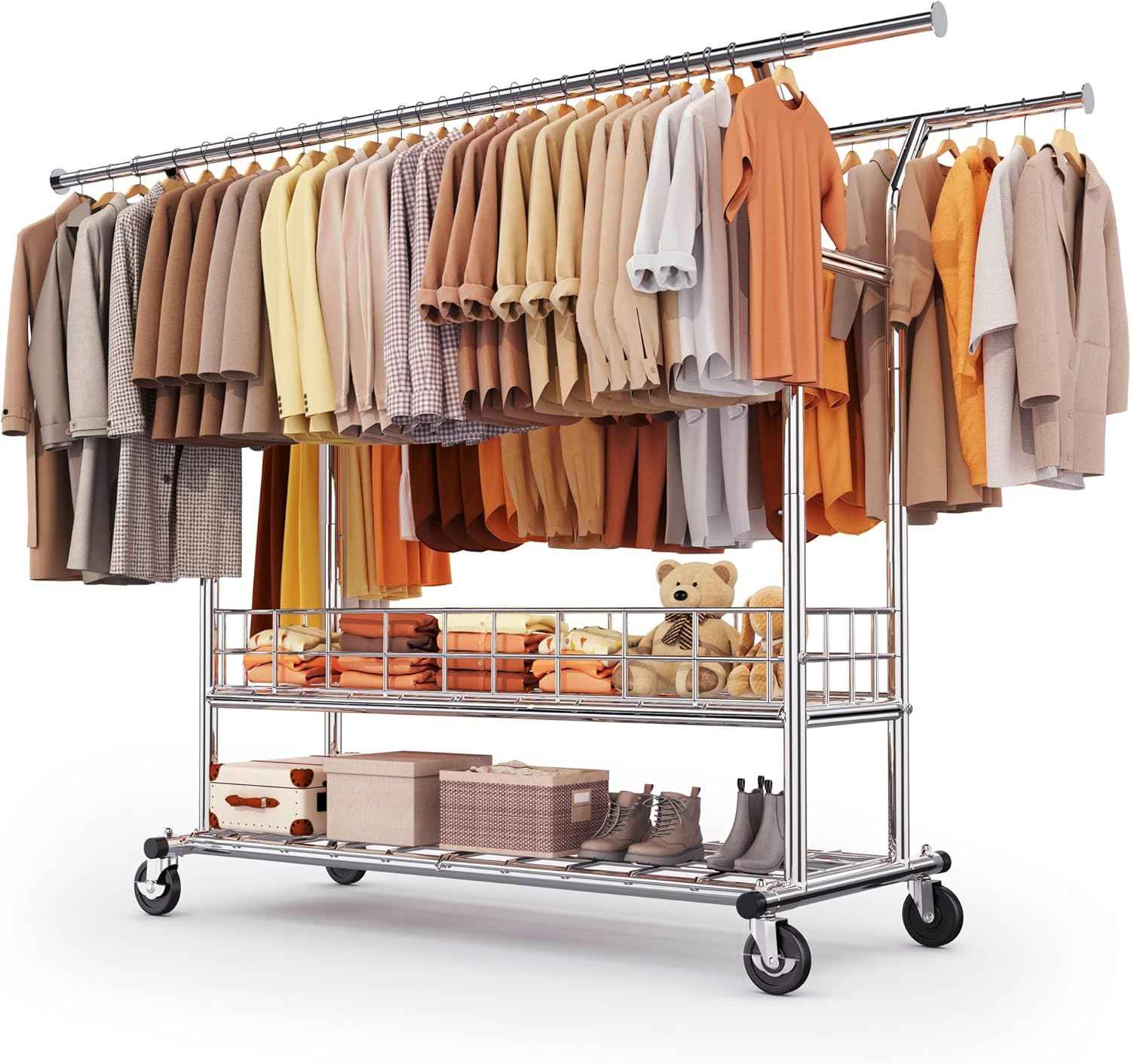 HOKEEPER Heavy Duty Clothes Rack Load 635 LBS, Clothing Rack for Hanging Clothes Adjustable Rolling Garment Rack with Wheels for Bedroom, Living Room (Double Rod with Metal Basket)