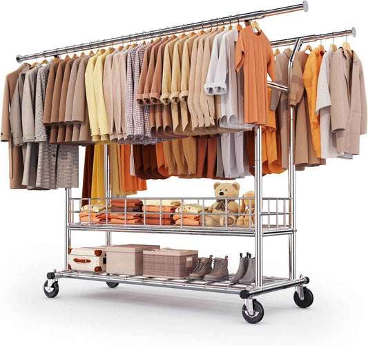 HOKEEPER Heavy Duty Clothes Rack Load 635 LBS, Clothing Rack for Hanging Clothes Adjustable Rolling Garment Rack with Wheels for Bedroom, Living Room (Double Rod with Metal Basket)