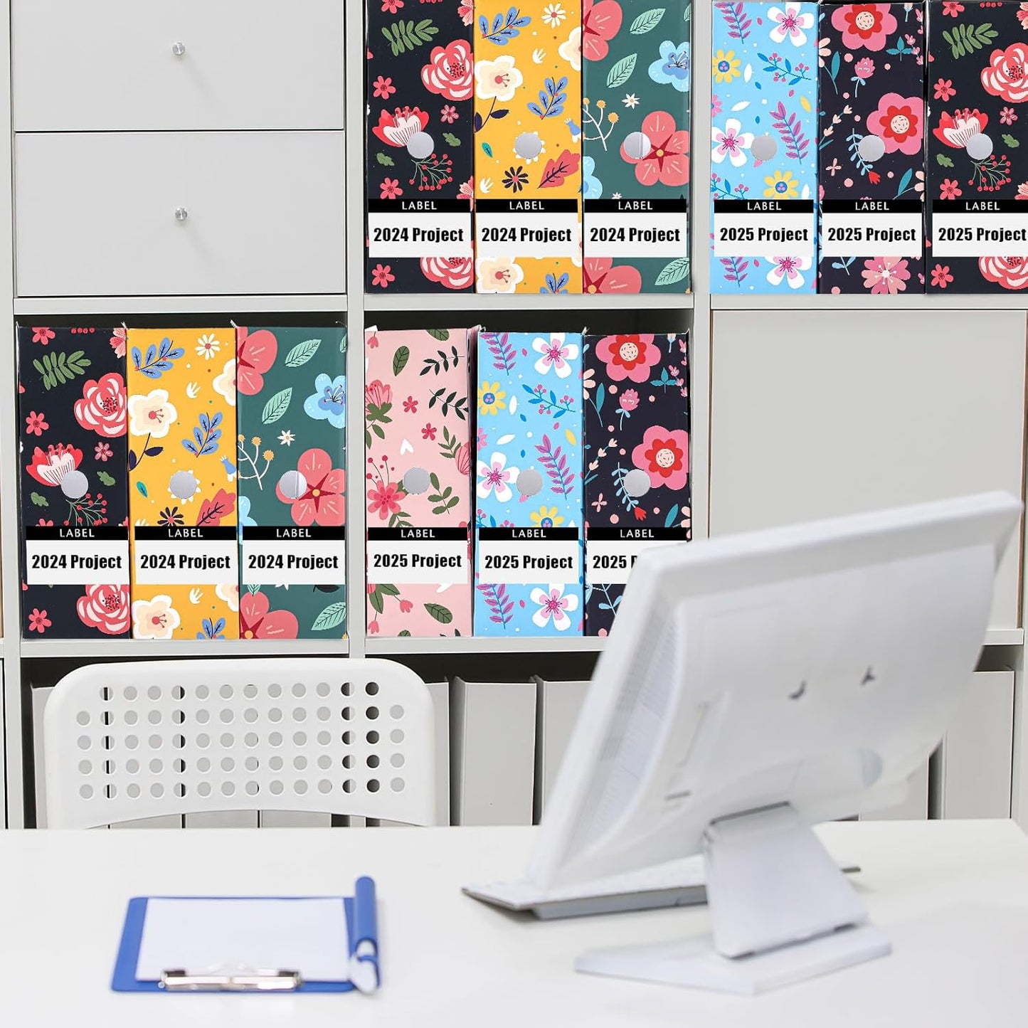 PerKoop 6 Pcs Magazine File Holder Foldable Decorative Cardboard File Folders 6 Patterns Floral Colored Magazine Rack with Printable Sticker Labels for School Office Home Desk (Flower Design)