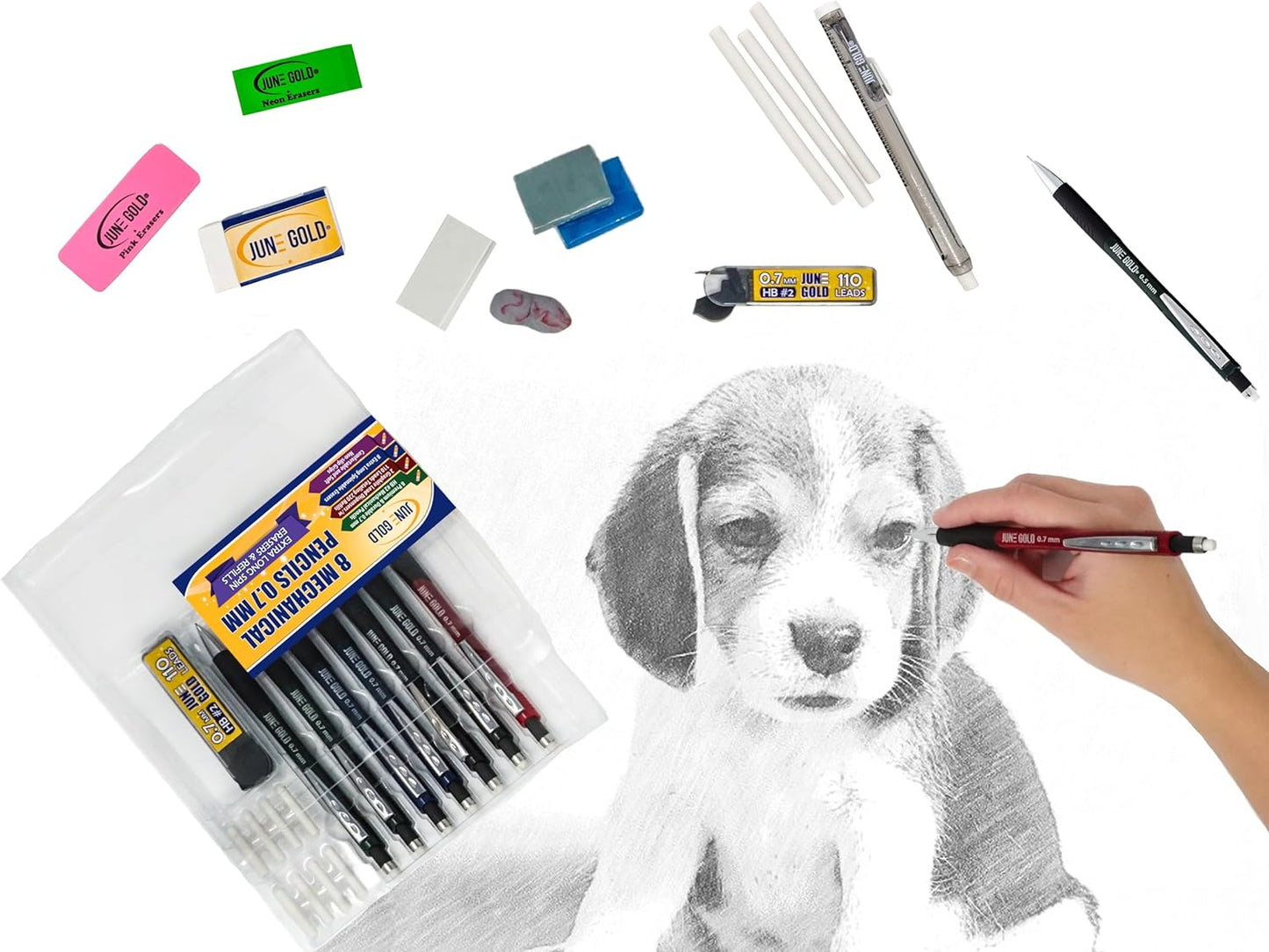 June Gold 8 Pack 0.7 mm HB #2 Mechanical Pencils, Extra Long Spin Eraser, 2 Lead Dispensers/w 220 Refills & 8 Refill Erasers, Break Resistant Lead, Soft Non-Slip Grip