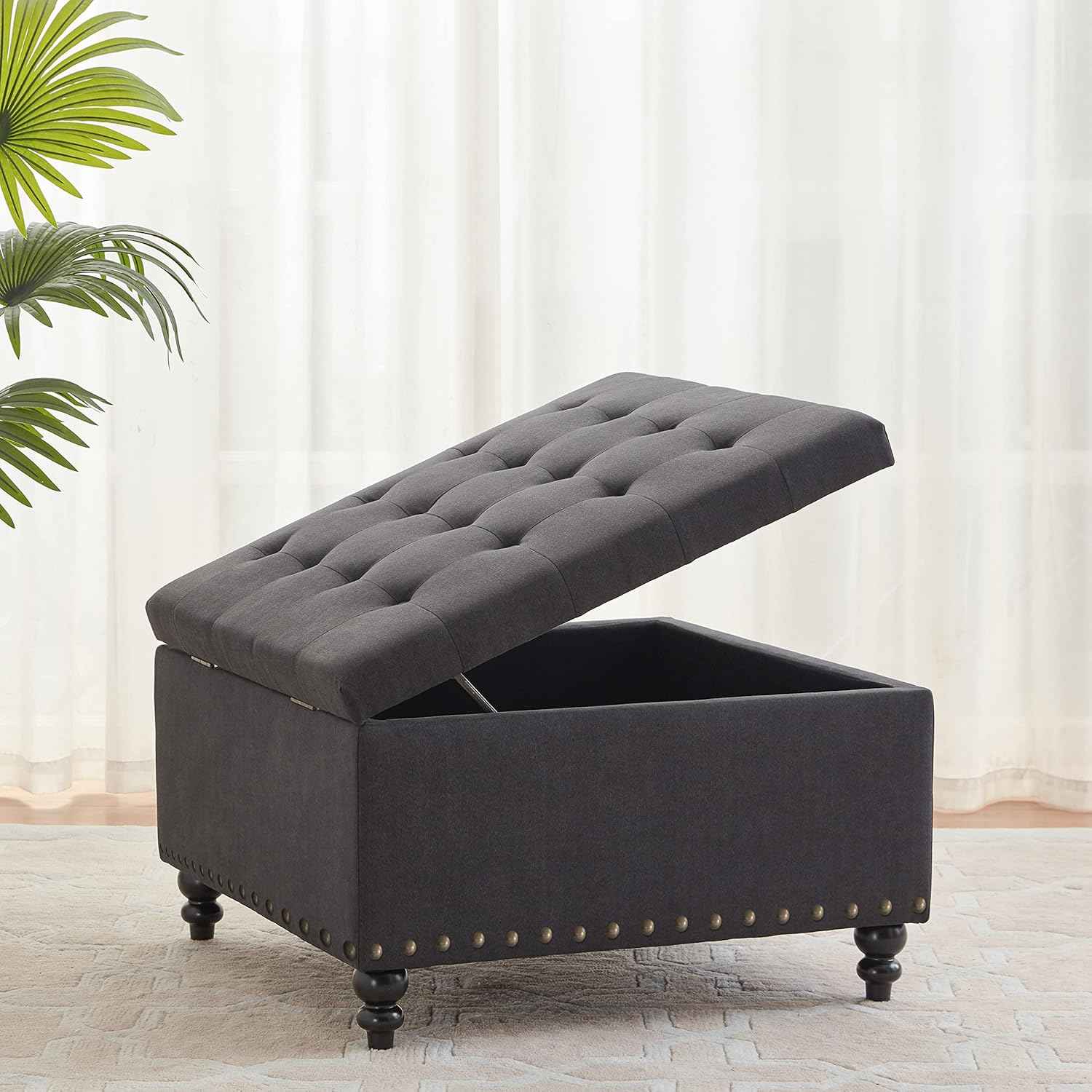 HUIMO Square Storage Ottoman, Large Ottoman Coffee Table for Living Room (Dark Grey)