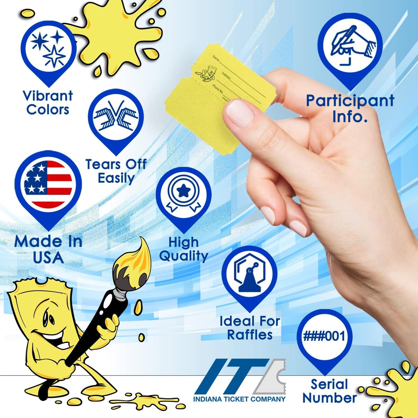 INDIANA TICKET CO. 10,000 Yellow CONSECUTIVELY Numbered Raffle Ticket Roll. 5 Rolls of 2,000, for Classroom Rewards, Events, Fundraisers, Door Entry, Raffles, Prizes, Drink/Food Tickets, & More