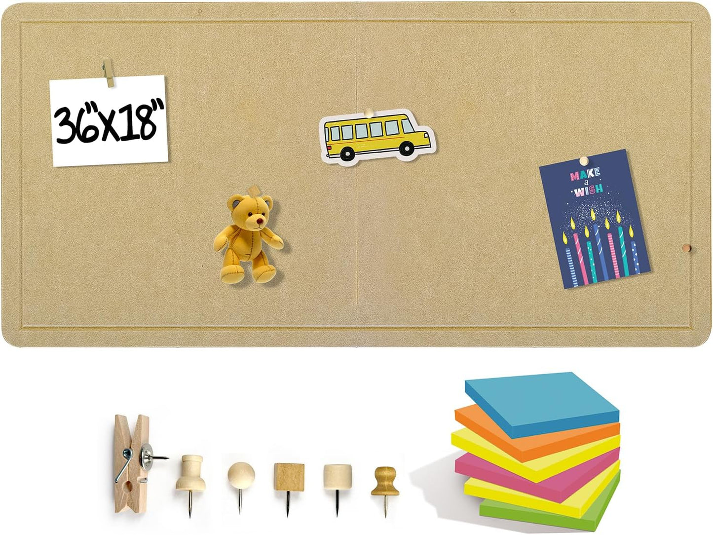 Large Bulletin Board 36 x 18 Inches - Foldable Felt Bulletin Board for Wall, Cork Board Alternative with 38 Wood Pins & 6 Note Pads, Vision Board - Khaki