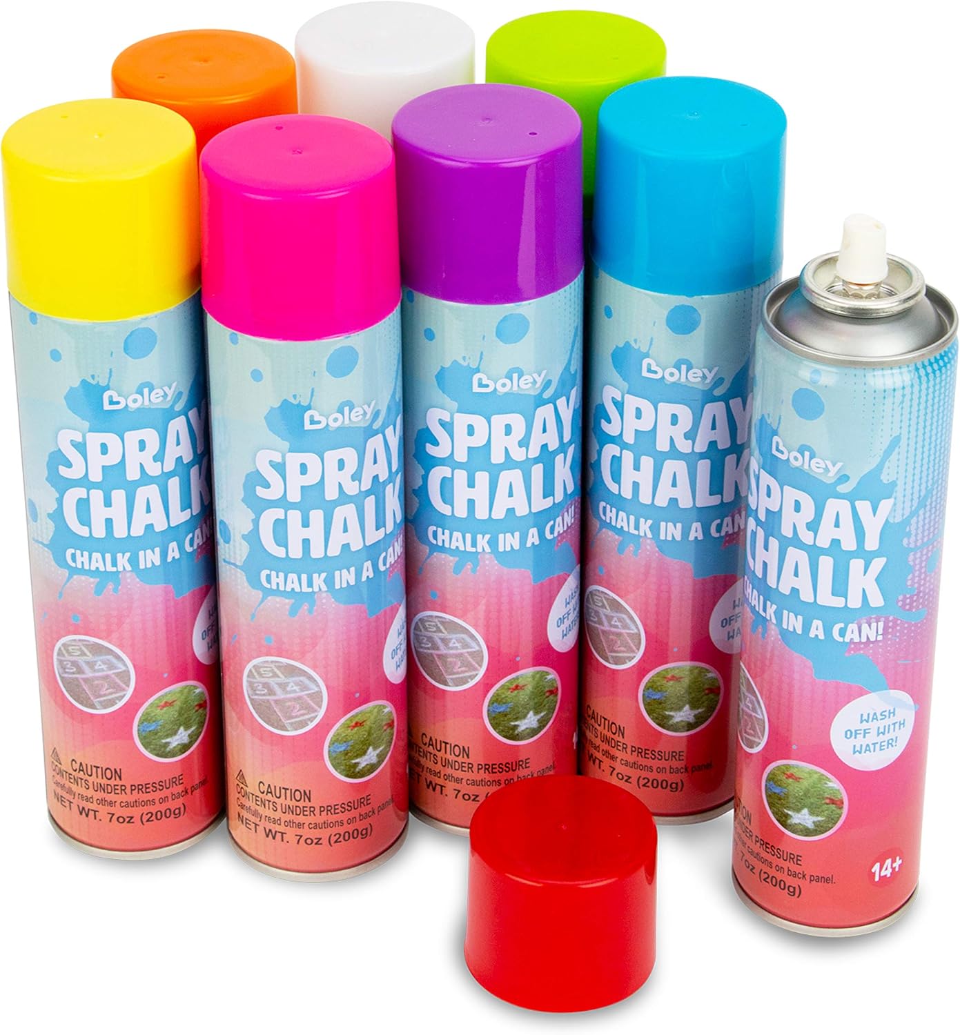 Boley Spray Chalk – 8 Pack Washable Chalk Spray Paint, 7 oz Each, Non-Toxic, Vibrant Outdoor Colors for Pavement, Grass, Sand & Snow – Fun Gift for Teens & Families, Ages 14+