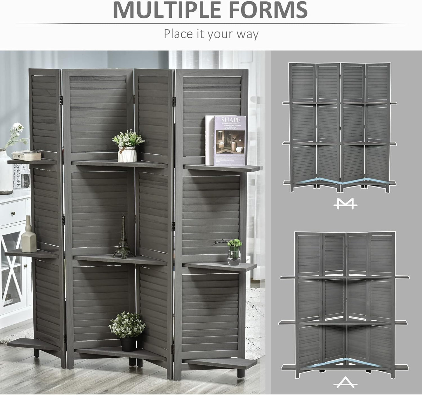 NicBex Room Divider 4 Panel Room Dividers with Storage Shelves Partition Room Dividers and Folding Privacy Screens 5.6 FT Wall Divider for Home, Office, Room Separation,63.75"W x 0.75"D x 67"H, Gray - Lumora Desk