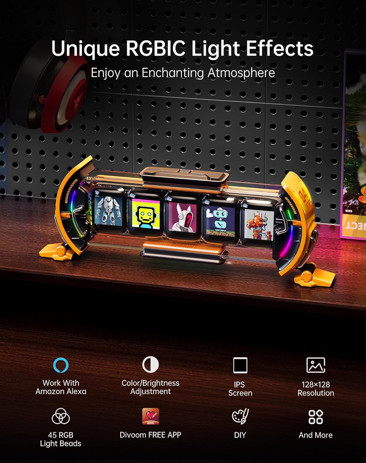 Divoom Times Gate - Cyberpunk Gaming Setup Digital Clock with Smart APP Control, WiFi Connect, RGB LED Display, Personalized Dashboard, Pixel Art for Gaming Room & Office Decor (Yellow)