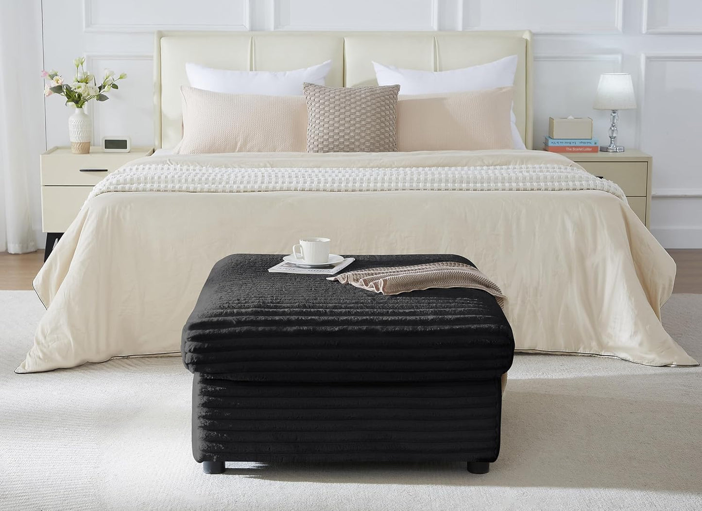 35" Corduroy Ottoman with Storage, Oversized Storage Ottoman for Living Room, Large Square Ottoman for Sofa Couch, Black