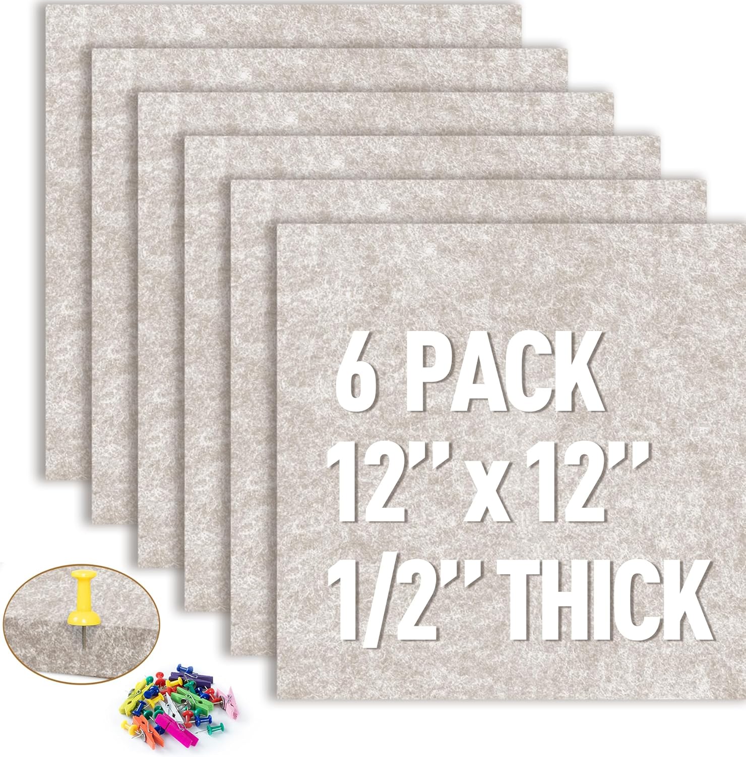 AKTOP Cork Bulletin Board 12x12, 1/2" Thick Felt Cork Board Tiles 6 Pack, Small Square Pin Board for Wall, Self Adhesive Corkboards with 60 Push Pin Wood Clips for School, Home & Office, Latte - Lumora Desk