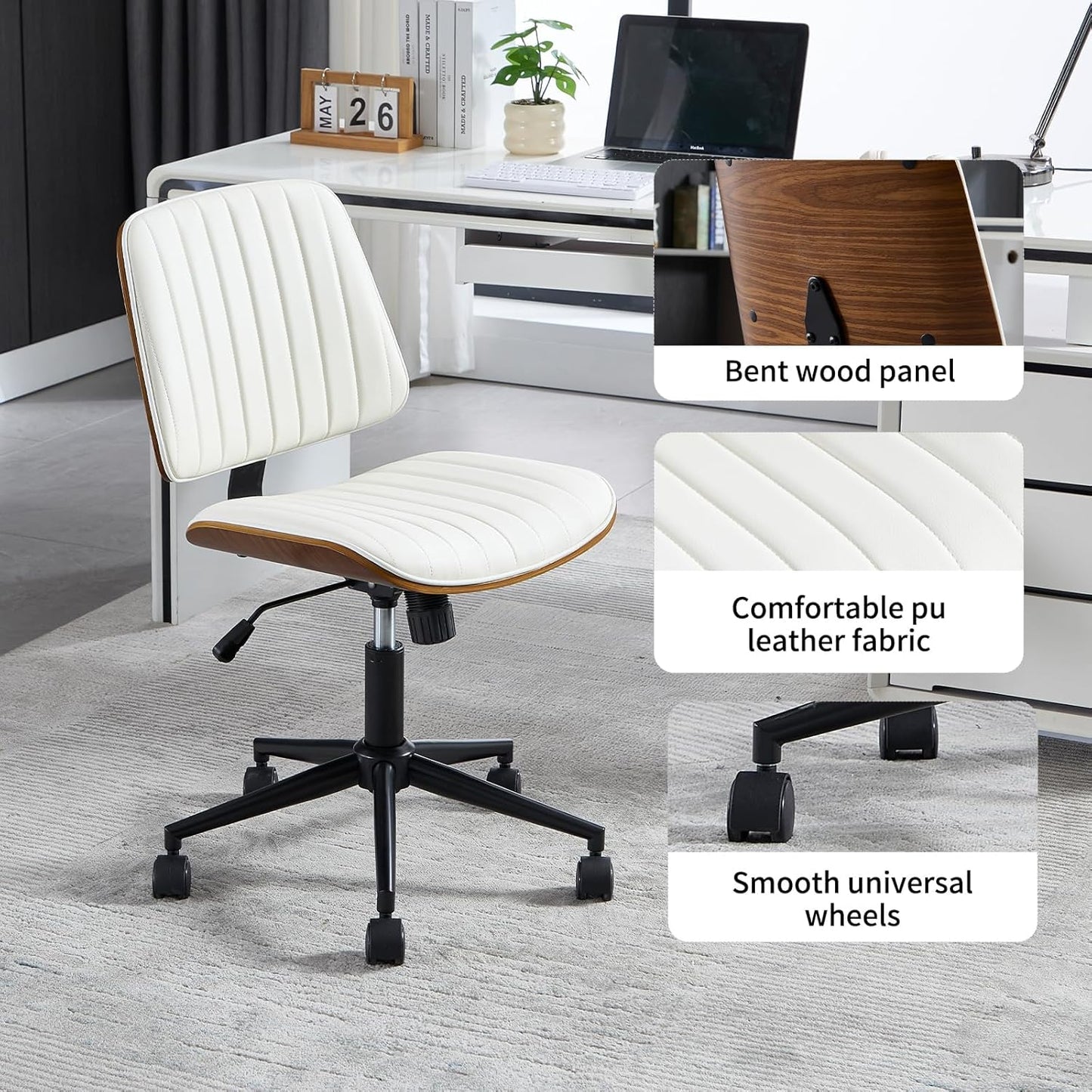 Small Home Office Chair - Armless Mid Back Desk Chair with 360° Swivel and Wheels, PU Upholstered Height Adjustable Modern Walnut Computer Chair for Home, Office Meeting Room - Black