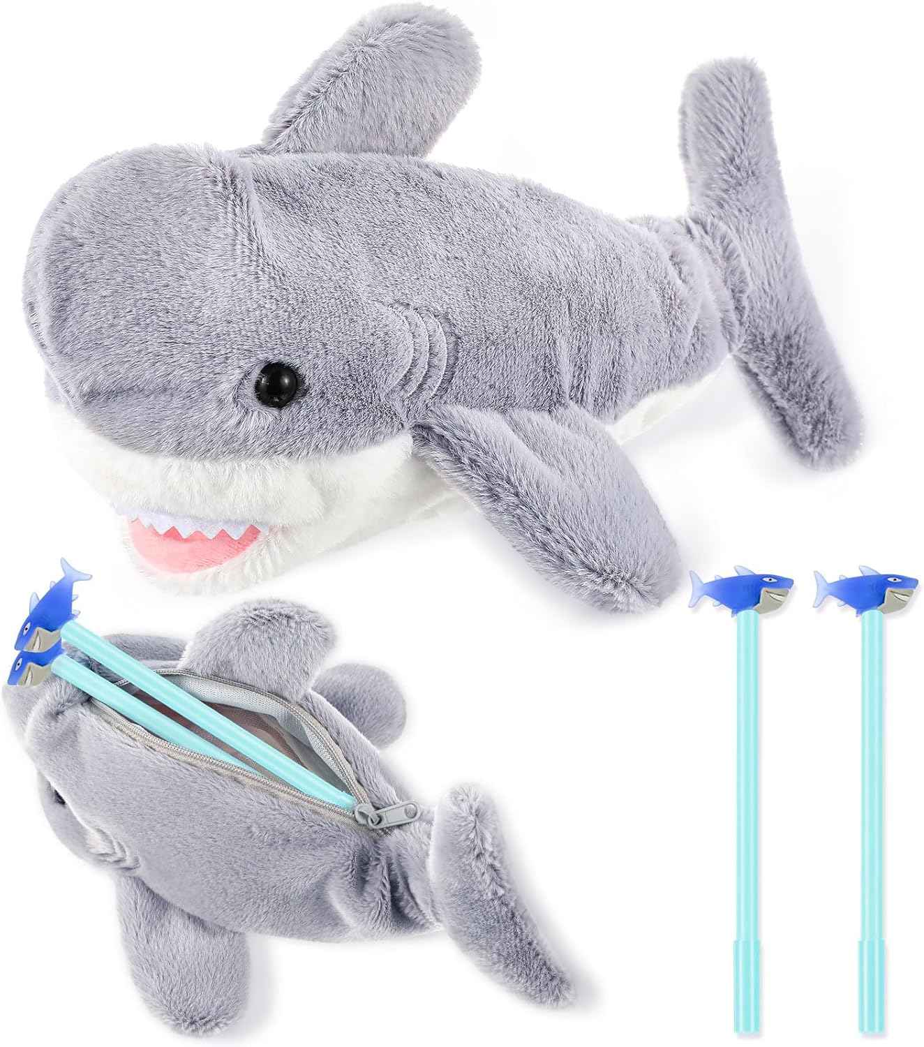 3 Pcs Grey Shark Pencil Pouch for Kids 3D Plush Animal Pencil Case with 2 Fun Pencils & 1 Soft Stationery Bag Ideal Birthday Gift for Boys and Girls, Back to School Supplies
