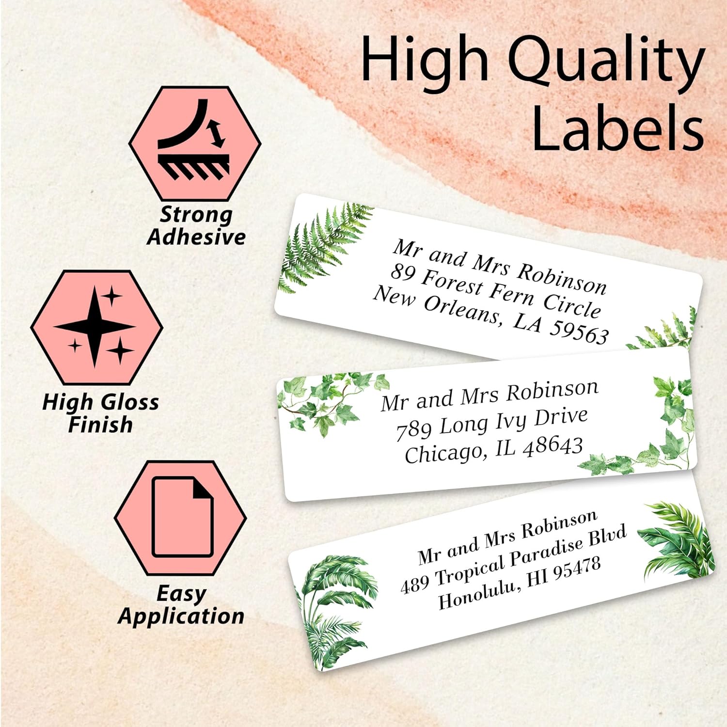 Personalized Return Address Labels Greenery - High Gloss Custom Mailing Labels on Sheets - Self-Adhesive Return Stickers for Envelopes with Crisp Printing Design (50-1000) - Lumora Desk