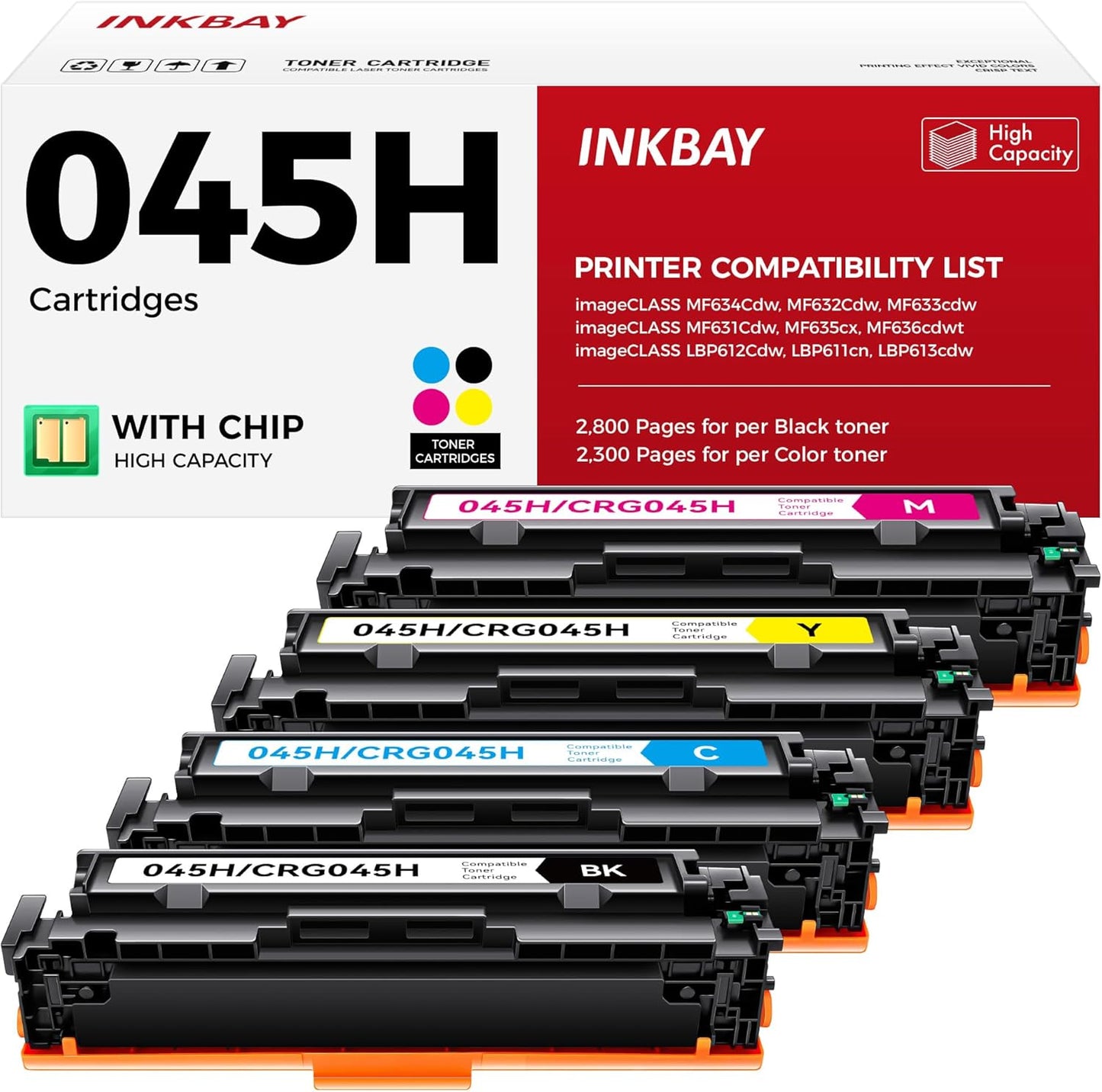 045H 045 Toner Cartridge Set 4-Pack High Yield Replacement for Canon 045 045H Toner Compatible for Color imageCLASS MF634Cdw MF632Cdw LBP612Cdw Printer Ink MF634 MF632 LBP612 Black Cyan Yellow Magenta