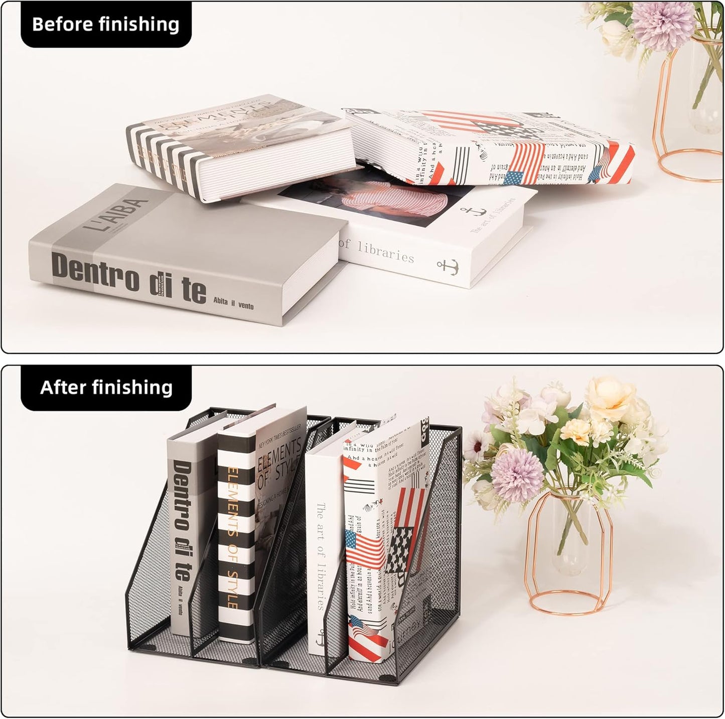 2 Set Magazine Holder Metal Wire, 2 Compartments Mesh File Holder for Desk, Office Desk Accessories Decorative File Box, Black