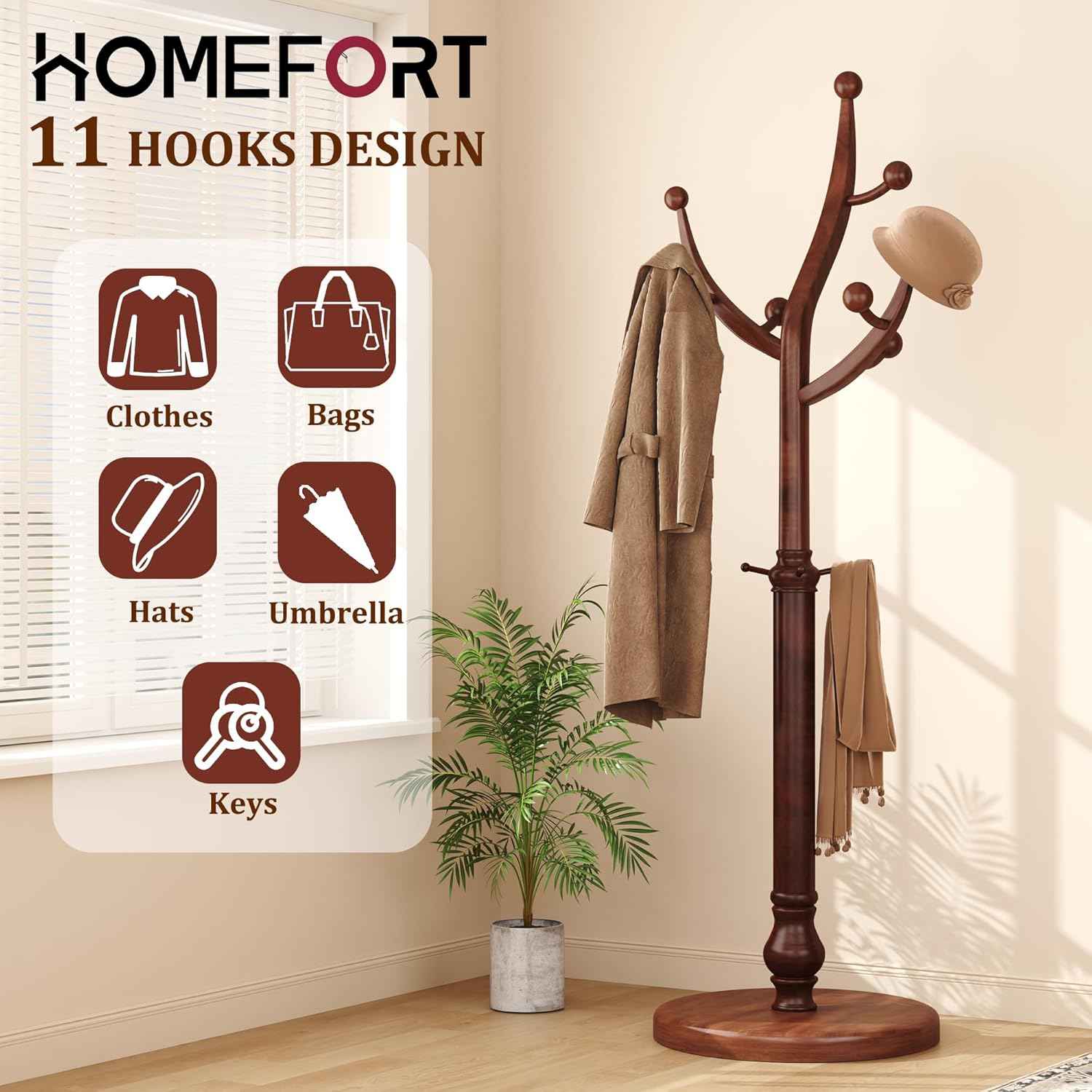 HOMEFORT Coat Rack Freestanding, Wooden Coat Tree Rack with 11 Hooks, Heavy Duty Wood Clothes Hanger with Sturdy Round Base, Vintage Coat Hat Stand for Entryway, Hallway, Bedroom,Walnut