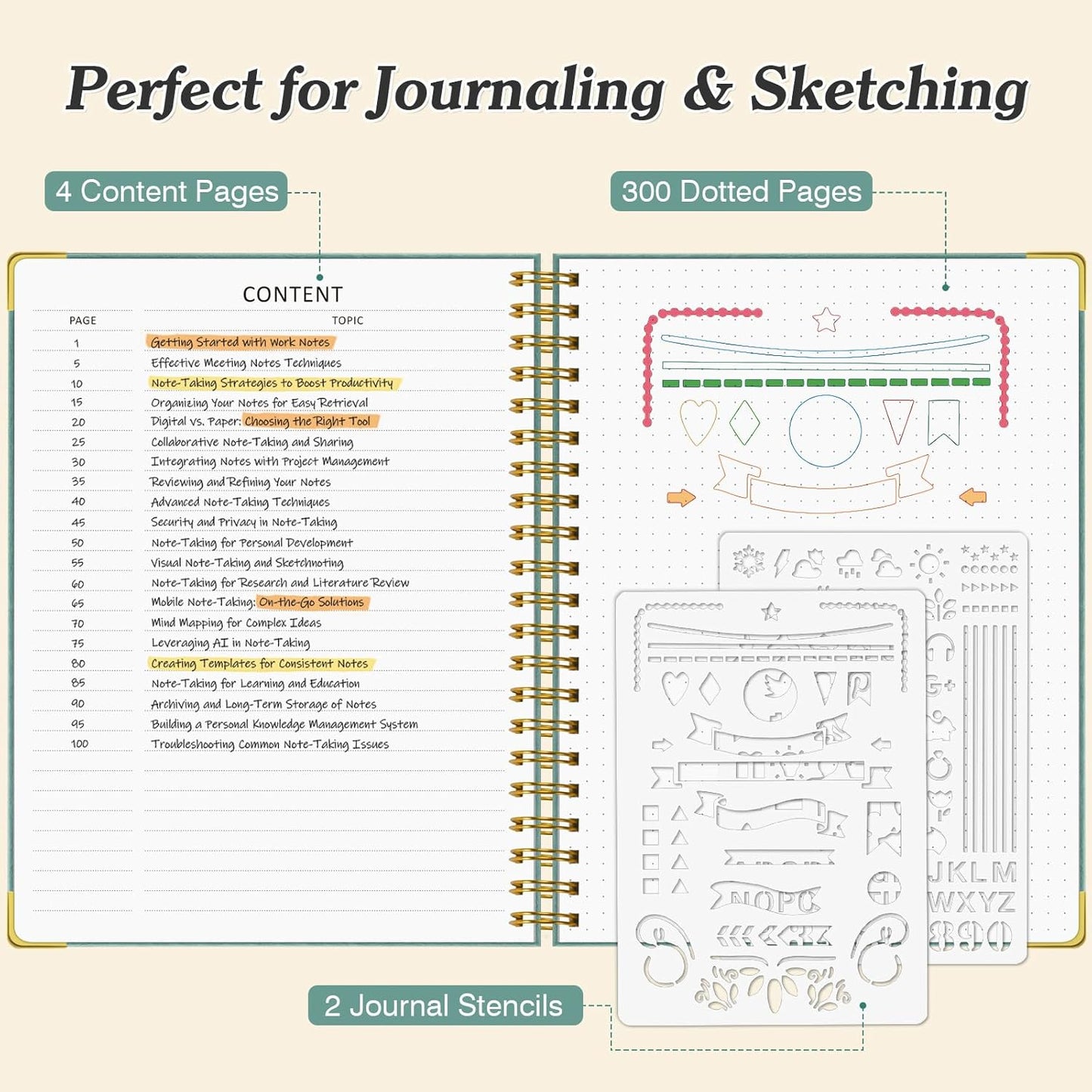 Bullet Dotted Journal Spiral Notebook, 300 Pages Leather Notebooks with Contens, 120 GSM Thick No Bleed Through Paper Journals, A5 Dot Grid Notebook for Women Men School Work Writing, 5.5" x 8", Green