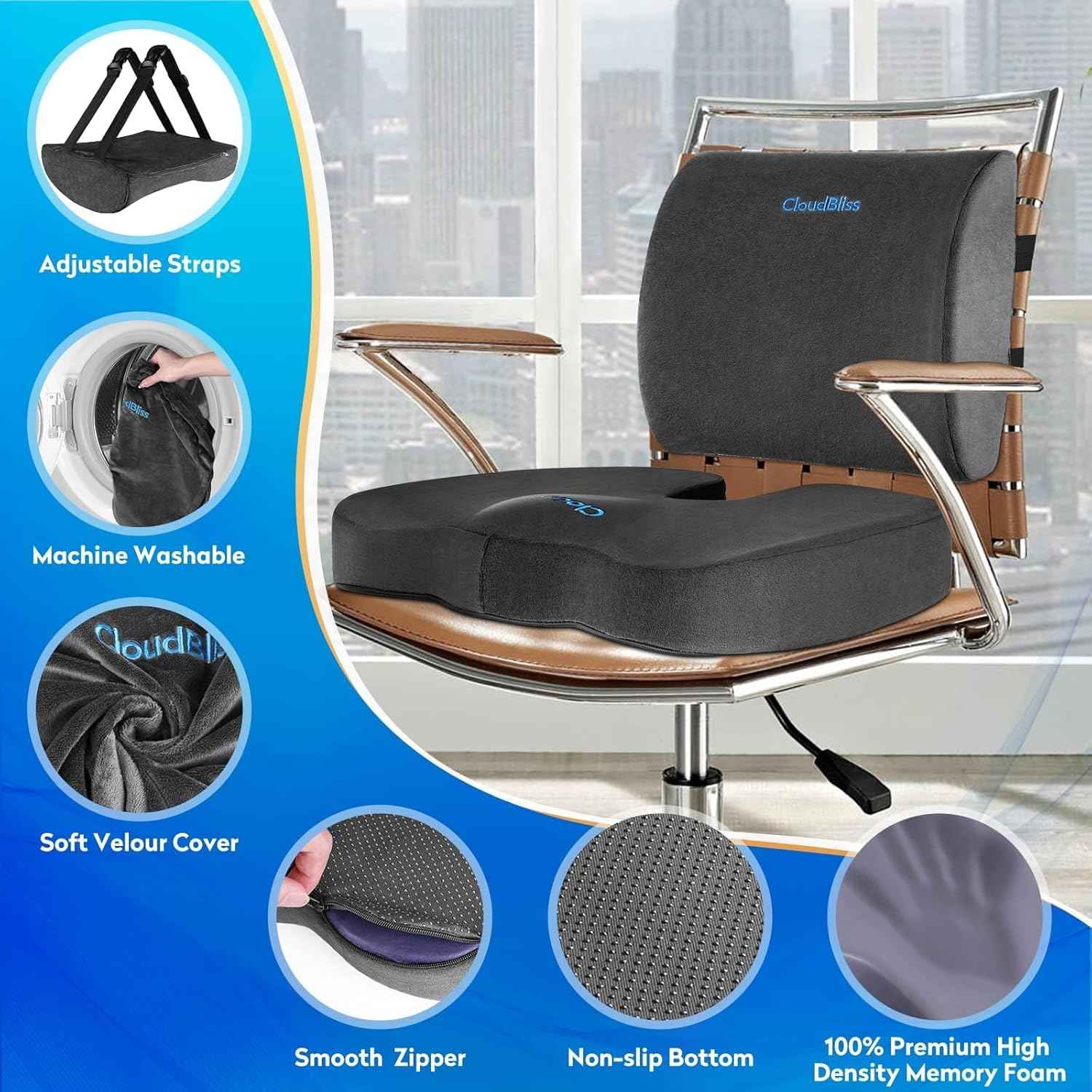 CloudBliss Lumbar Support Pillow & Seat Cushion Set for Office Chair, Desk Chair, Wheelchair & Car–Memory Foam Back Support, Ergonomic Chair Cushions,Sciatica Pain Relief,Home Essentials(Grey,XL)
