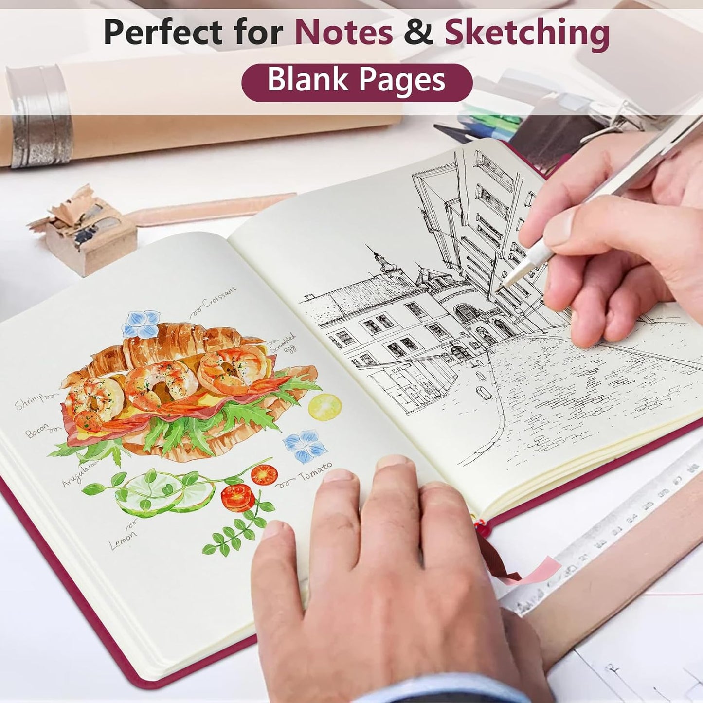 Blank Journal Ntebook for Men & Women, 160 Pages Blank Journals for Writing, Drawing,Sketch Book,5.9" x 8.5" Leather Sketchbook, Unlined Notebook for Work, School, Art - Burgundy