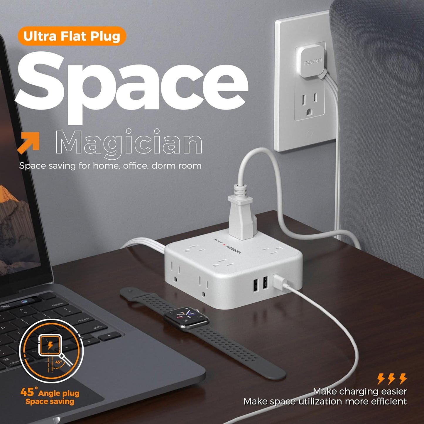 Flat Extension Cord, TESSAN Surge Protector Power Strip 5 FT with 8 Outlets 3 USB (1 USB C) Ports, 3-Sided Outlet Extender with 900J Surge Protection for Office Supplies, Dorm Room Essentials, White