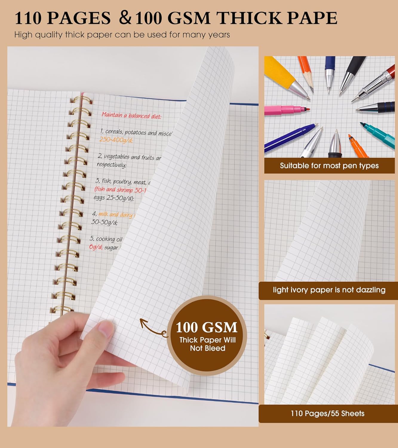 Graph Paper Notebook, Spiral Notebook Journal 8.5” x 11”, A4 Large Grid Notebooks for Women Men, 100 GSM Graph Paper, Plastic Hardcover Spiral Graphing Journals for Work School Engineering, Navy