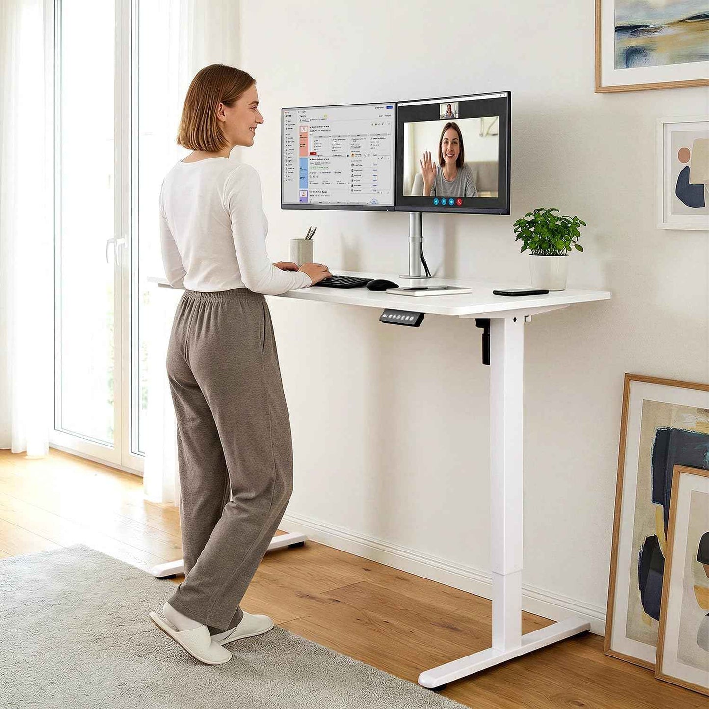 Electric Standing Desk Adjustable Height 55 x 24 Inch, Large Sit Stand Desk, Stand up Desk for Home Office, Computer Workstation (Spliced Desktop,White)