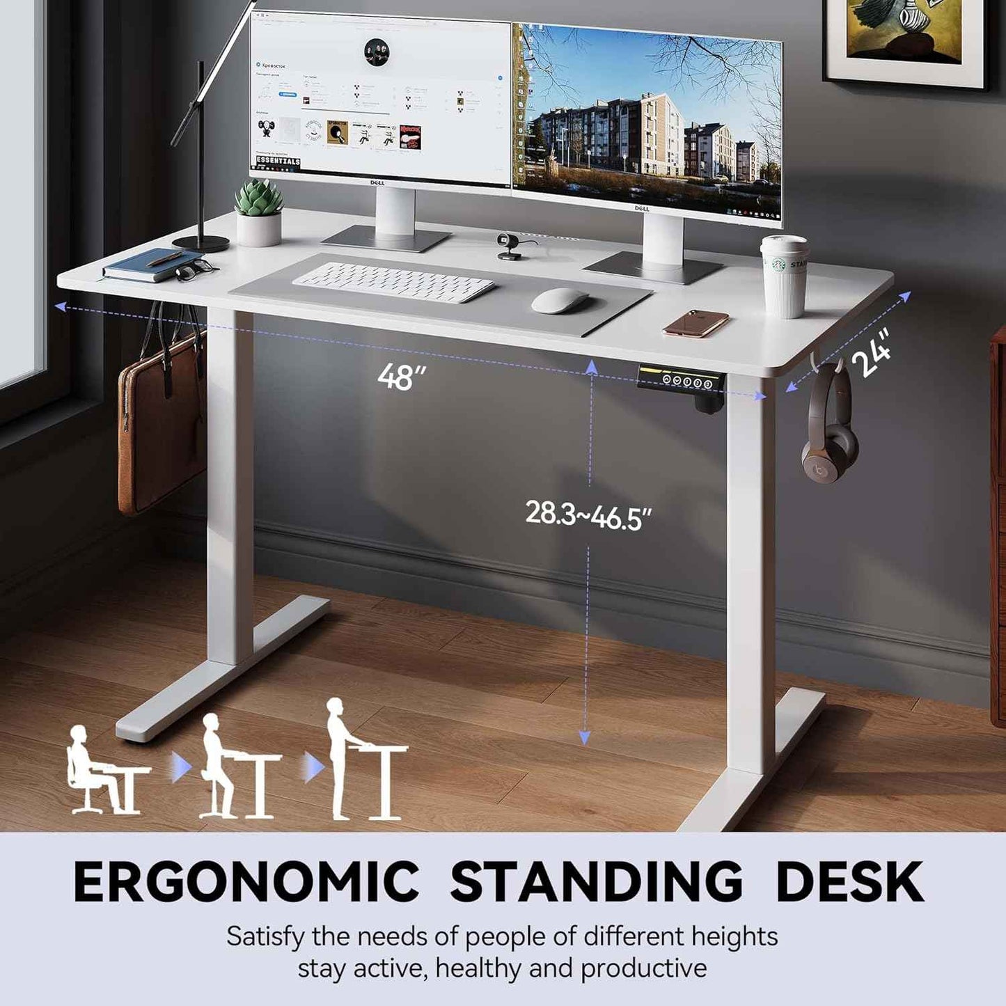 Electric Standing Desk,40x24 Inches Adjustable Height Stand up Desk, Sit Stand Home Office Desk with Splice Board, 3 Preset Heights,Equipped with Hooks,Ergonomic Computer Desk Workstation，White