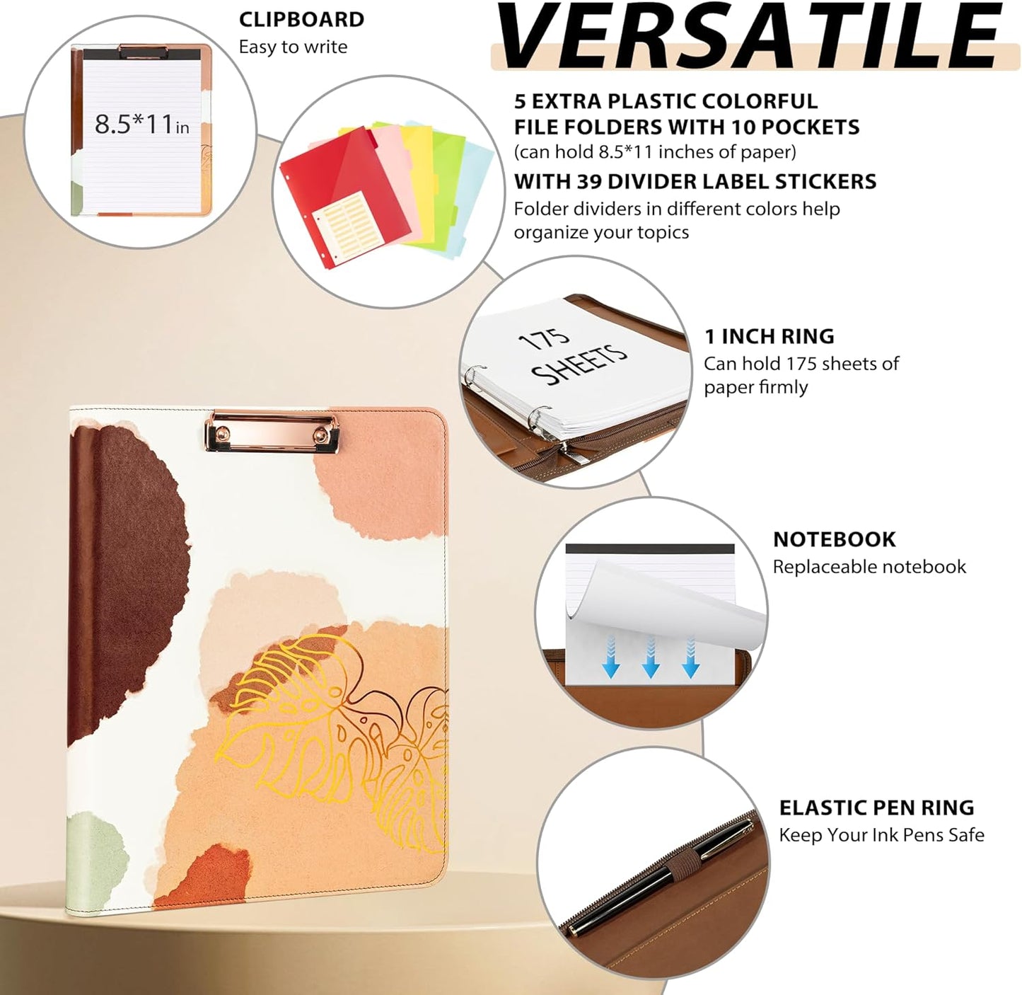 Leather Clipboard with Storage, Zippered Padfolio Portfolio Organizer, 3 Ring Binder 1 Inch, Notepad, Tablet Sleeve, 5 Dividers with Pocket, Stickets for Office, Nurses, Students, Teachers Brown