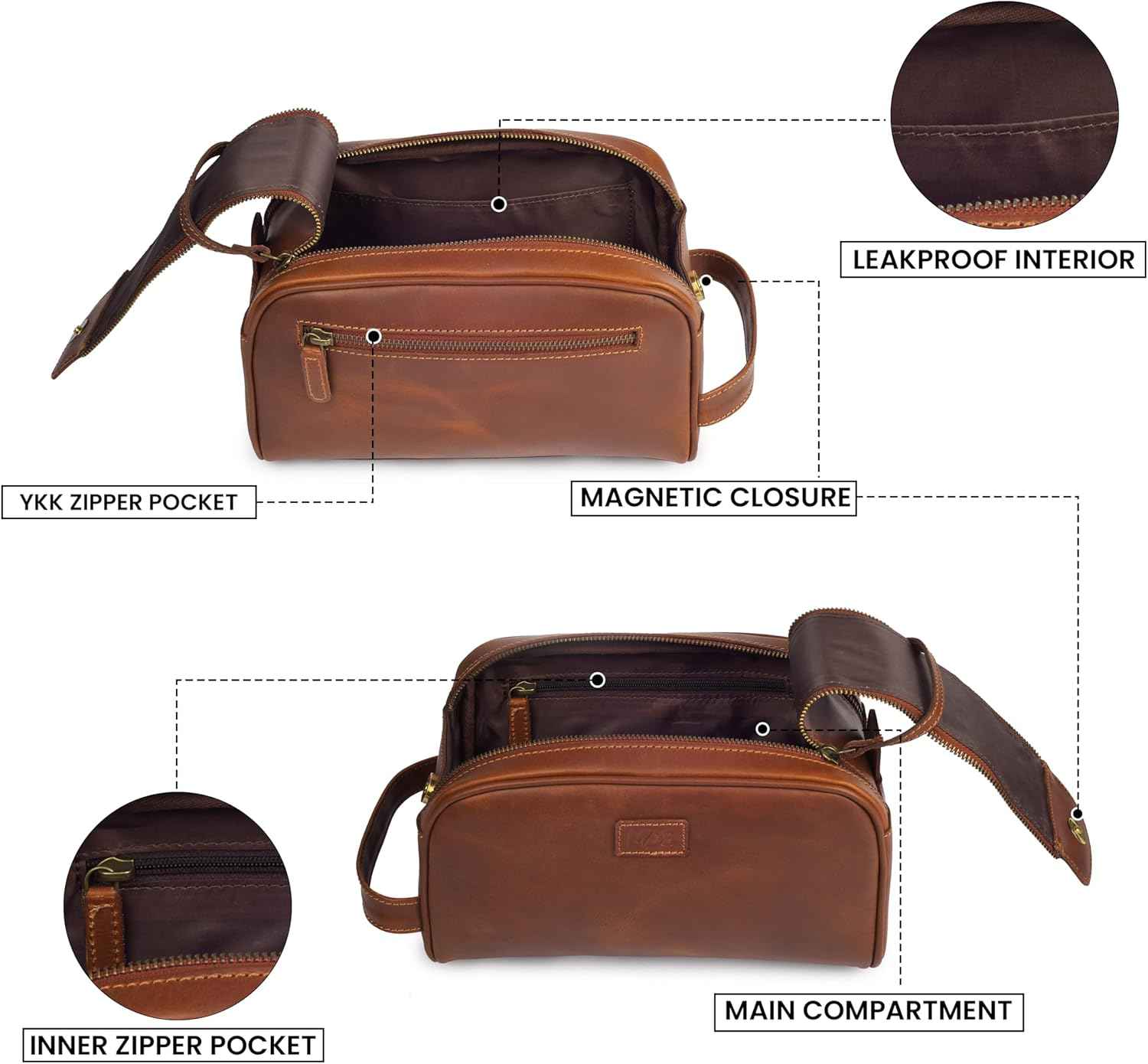 MDS® Genuine Leather Toiletry Bag for Men - Unisex Rustic Classic Vintage Handcrafted Full-Grain Leather Travel Dopp Kit with Waterproof Lining & Handle, Shaving & Grooming Kit Organizer Pouch, Tan