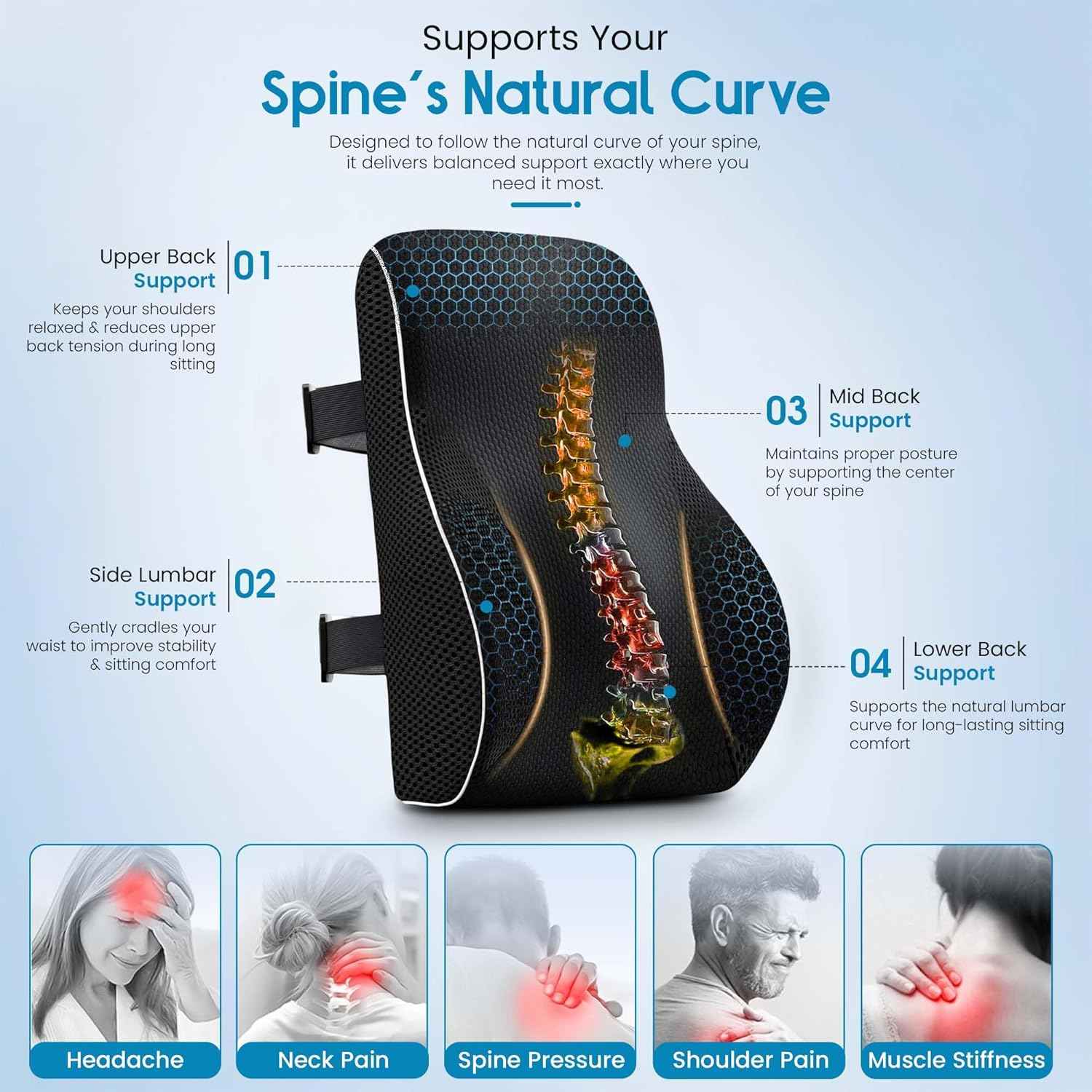 Lumbar Support Pillow for Office Chair and Car, Premium Memory Foam Back Cushion for Back Pain Relief Improve Posture Ergonomic Cushion with Breathable Mesh Cover and Adjustable Straps