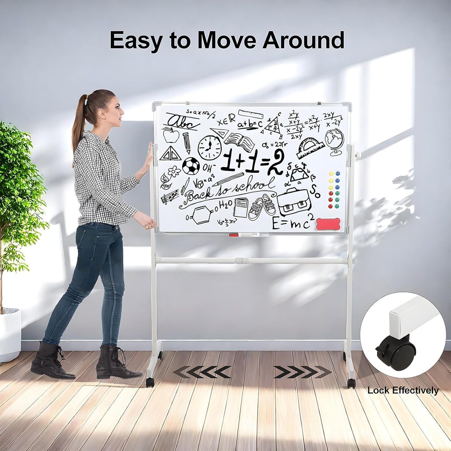 Rolling White Board with Stand 24 x 36, Magnetic Dry Erase Board on Wheels, Double Sided Mobile Whiteboard Easel, Height Adjustable Standing Board for Classroom Office Home (White)