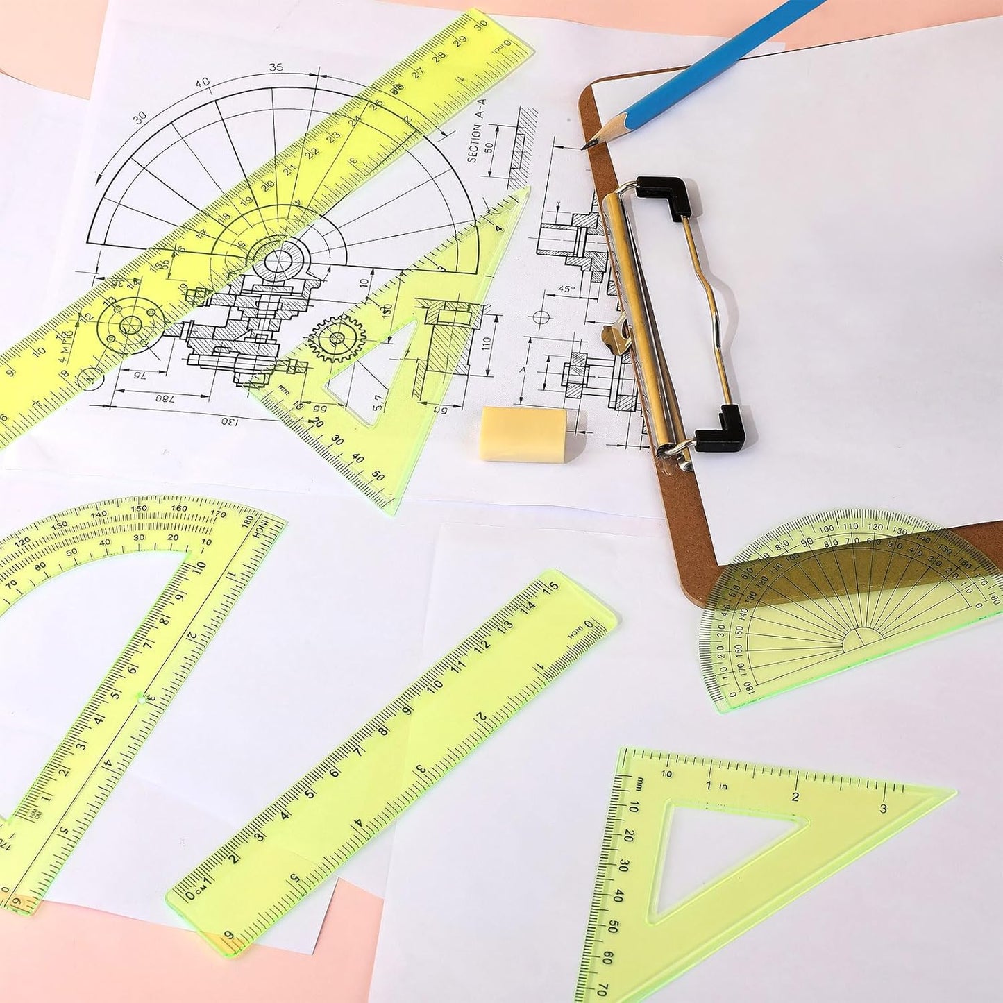 Tenare 1 Set Plastic Clear Math Set Includes Protractor Triangle Rulers 12 Inch 6 Inch Straight Geometry Math Transparent Ruler Measuring Tool for School Office Home Supplies(Yellow)