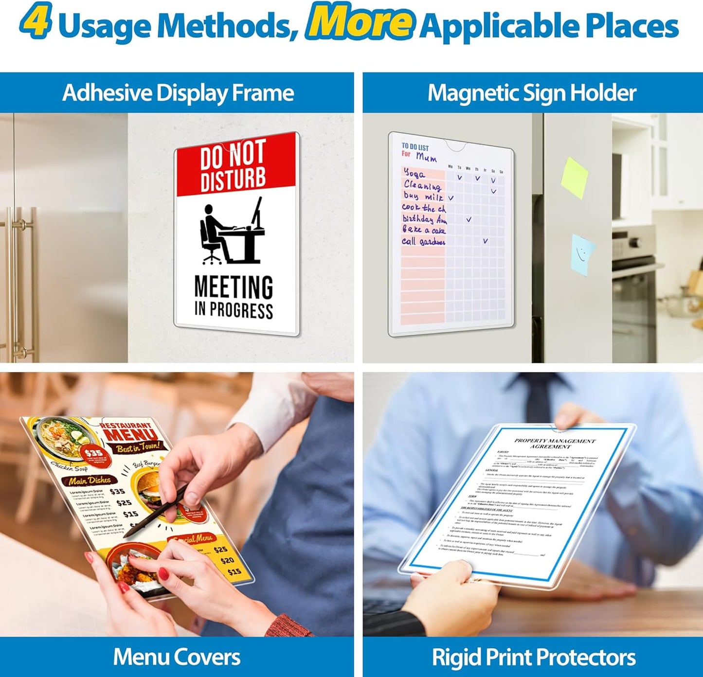 10 Pack Magnetic Sign Holder 8.5 x 11 - Plastic Wall Sign Holder with Magnet and Adhesive Tape - Magnetic Display Frame - Adhesive Plastic Frame Rigid Print Protectors Document Poster Holders