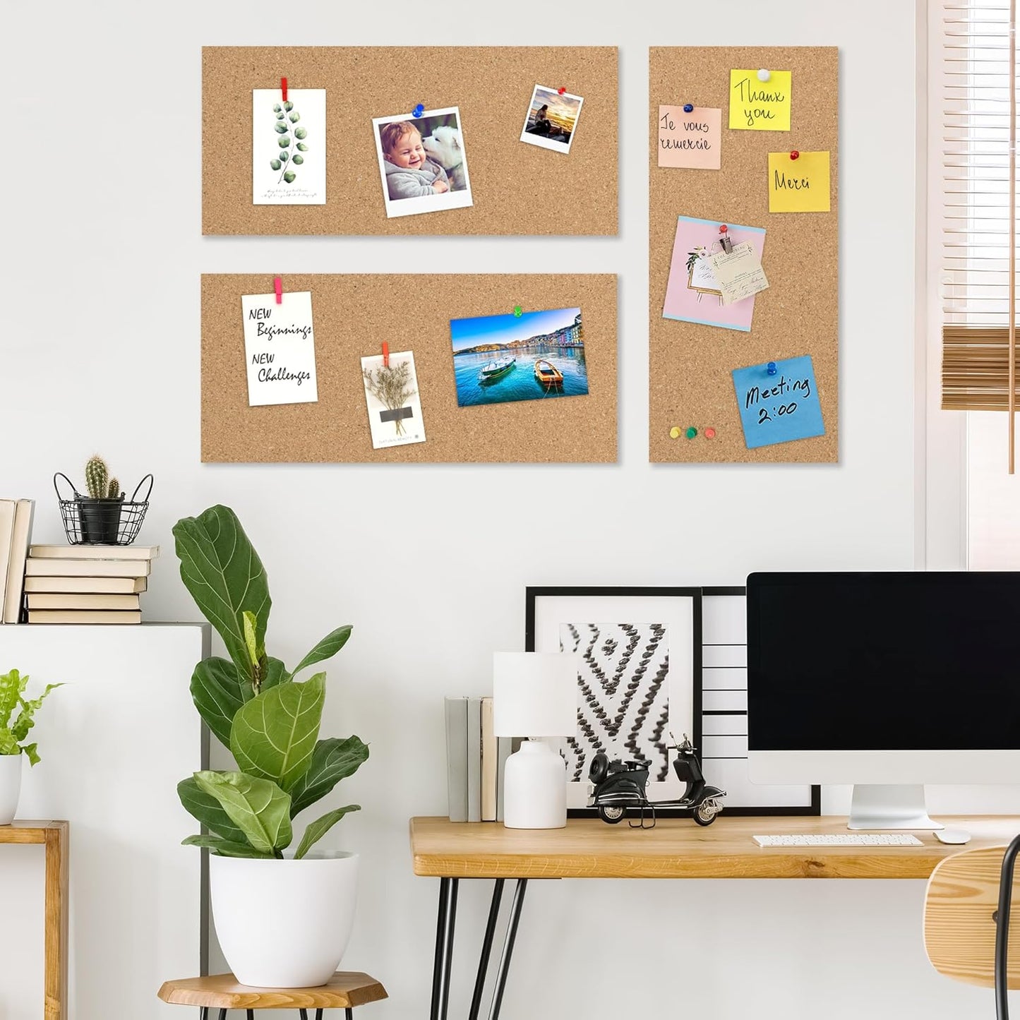AKTOP Cork Board Bulletin Board 17"x8", 1/2" Thick Cork Board Tiles 6 Pack, Small Pin Board for Wall Decor, Self Adhesive Corkboards with 60 Push Pin Wood Clips for School, Home & Office - Lumora Desk