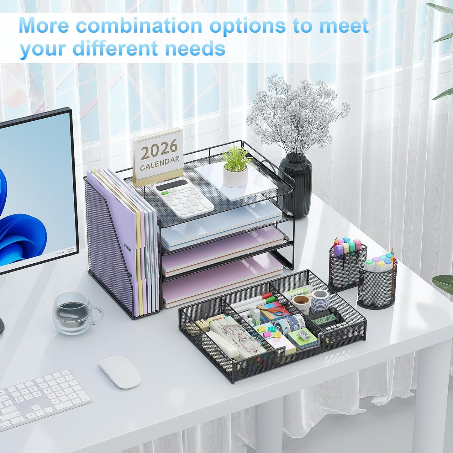 gianotter Desk Organizers and Accessories with File Holder, 4-Tier Desk Accessories & Workspace Organizers with Drawer and 2 Pen Holder, Paper Organizer for Office Supplies (Black)