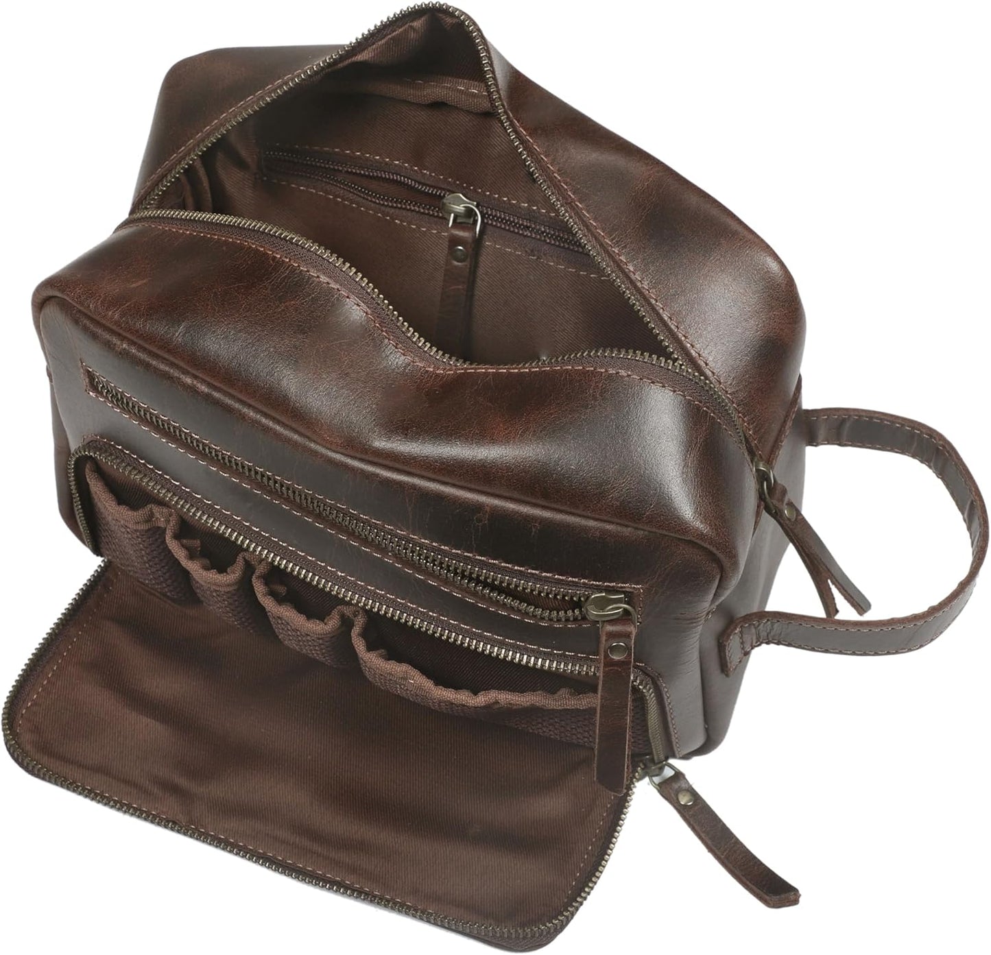 Leather Toiletry Bag for Women, Cosmetic Bag, Dopp Kit, Dark Brown, 10 x 4 x 5.5 Inch, Premium Vintage
