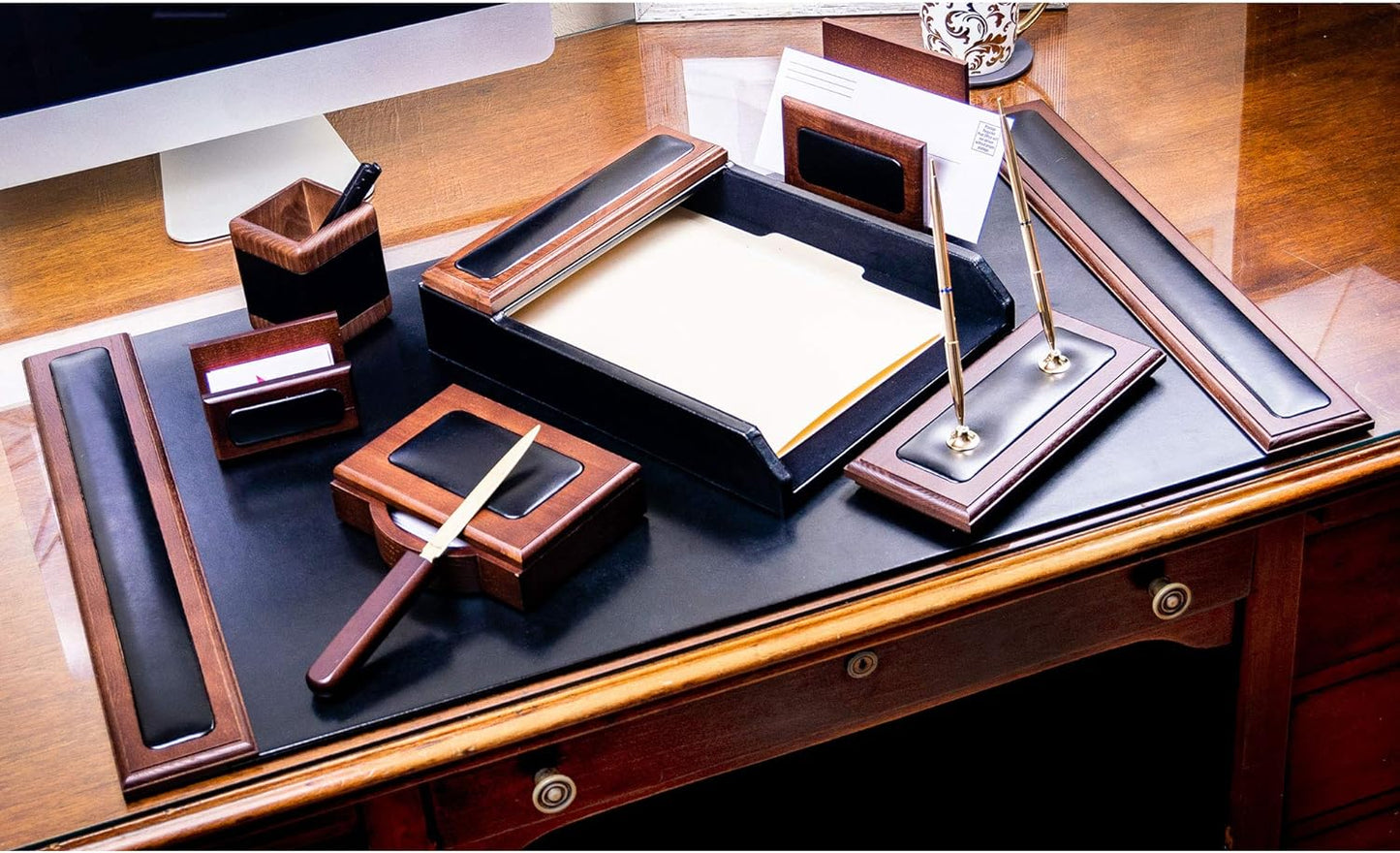 Dacasso Wood & Leather Desk Set - Luxury Leather Desk Pad & Desk Organization Essentials - Office Organization & Executive Desk Decor - (Walnut and Black, 8 Piece)