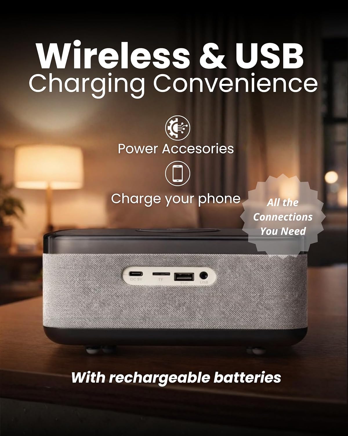 Wireless Charging Alarm Clock with Bluetooth Speaker, FM Radio, Night Light, Dual Alarm, USB Charger, LED Bedside Clock