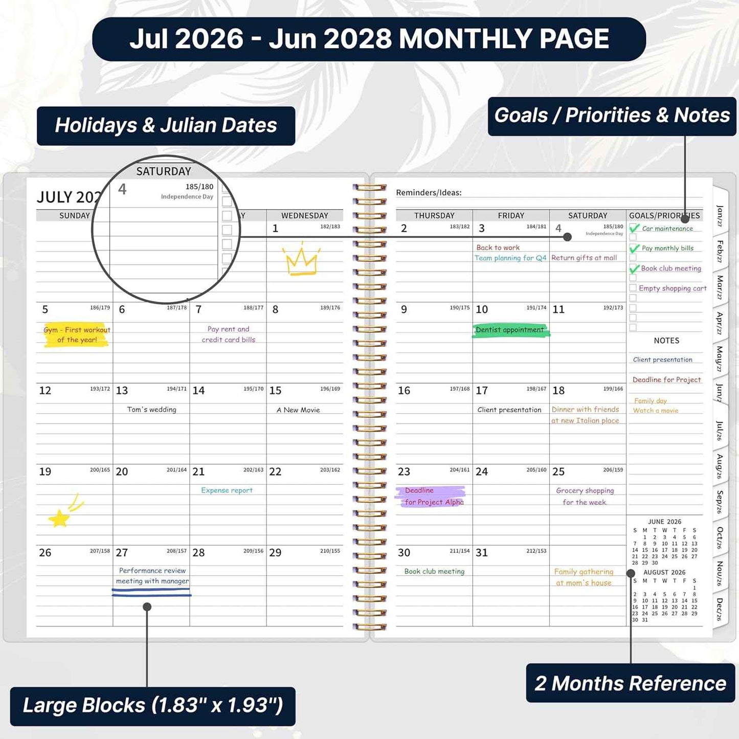 2026-2028 Monthly Planner, 2 Year Calendar Planner, Jul 2026 - Jun 2028, 8.5’’ x 11’’, Large Spiral Agenda, 24 Months, with Tabs ＆Pocket, Flexible Cover, Organizer for Office Home School, Black