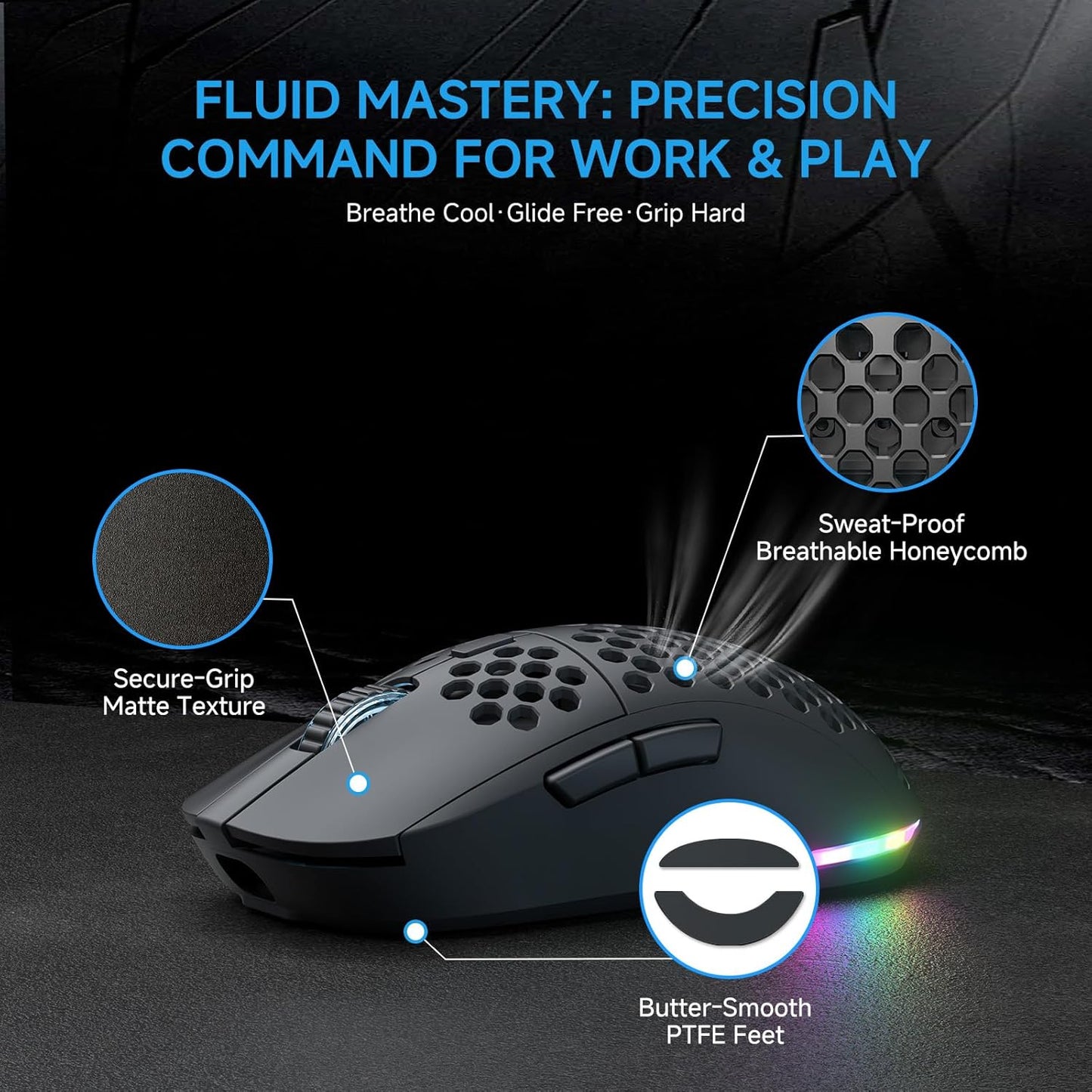 TMKB Falcon M1 Wireless Gaming Mouse, 24000DPI Optical Sensor, 180Hrs Battery, Lightweight, 6 Programmable Buttons, RGB Strip, 2.4G/BT5.2/USB-C Wired for PC/Mac/Laptop - Matte Black